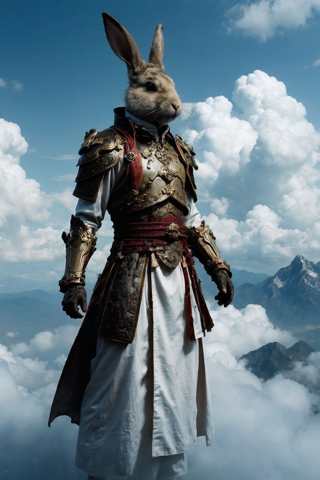  parametersmasterpiece,Best quality, 8k, simple details, 1boy Hanfu, looking at the audience, gloves, jewelry, whole body, red lips, floating hair, earrings, cloak, standing, long hair,magnificent, sacred, mountain sky,TYJW ,(Step on the clouds:1.0),(Clouds underfoot:1.2),(upper_body:1.6),zuo zhan fu,Dragon ear, armor, rabbit