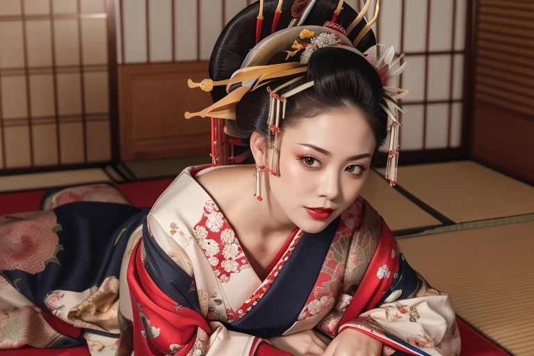 A beautiful Japanese Geisha wearing a kimono, smiling, Lying sideways on a Japanese tatami mat, smiling for the camera, upper body,medium term view,Extremely detailed CG unity 8k wallpapers, masterpieces, high resolution, extremely detailed wallpapers,(masterpiece:1.2),ultra high res, photorealistic,best quality, (masterpiece:1.2),ultra high res, photorealistic,best quality, (masterpiece:1.2),ultra high res, photorealistic,best quality, (masterpiece:1.2),ultra high res, photorealistic