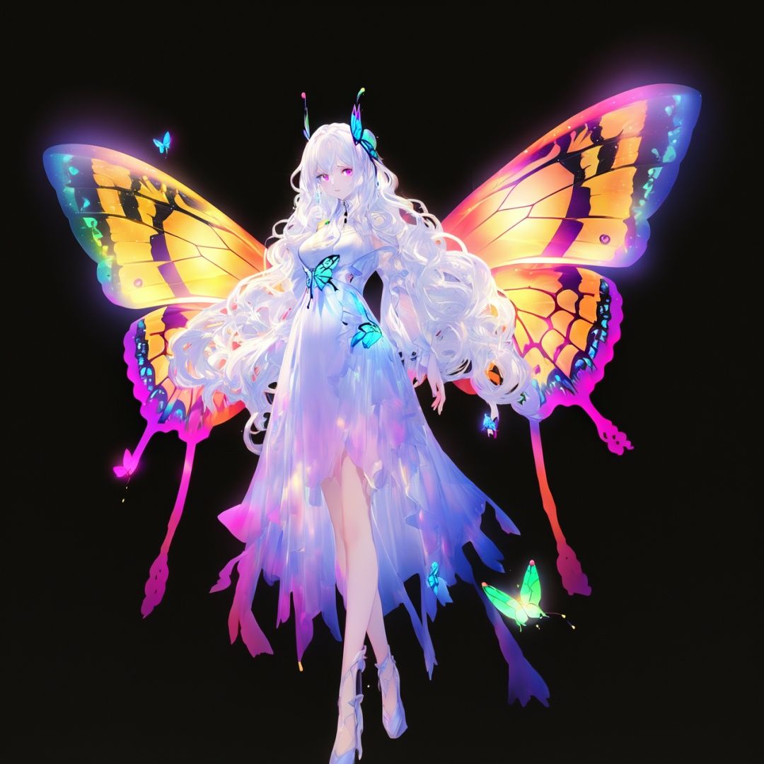  Best quality, 8k, cg,1girl,Glow Dress,Glowing Butterfly,Glowing line,on black,Feather wings