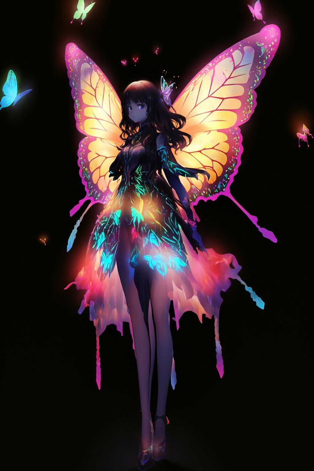  Best quality, 8k, cg,1girl,Glow Dress,Glowing Butterfly,Glowing line,on black,Feather wings