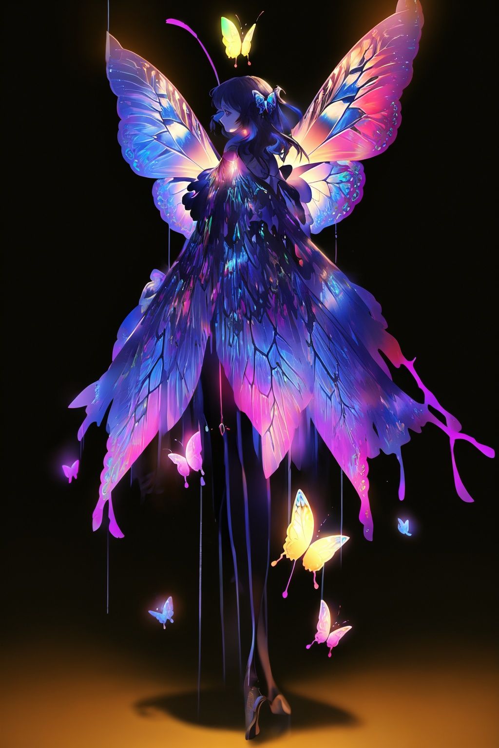  Best quality, 8k, cg,1girl,Glow Dress,Glowing Butterfly,Glowing line,on black,Feather wings