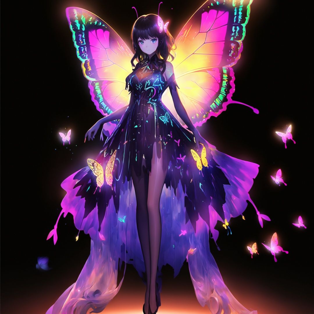  Best quality, 8k, cg,1girl,Glow Dress,Glowing Butterfly,Glowing line,on black,Feather wings