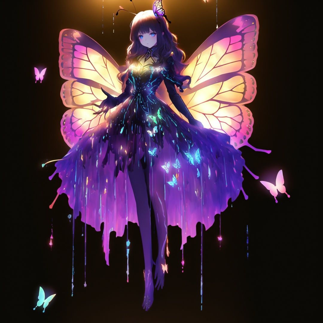  Best quality, 8k, cg,1girl,Glow Dress,Glowing Butterfly,Glowing line,on black,Feather wings