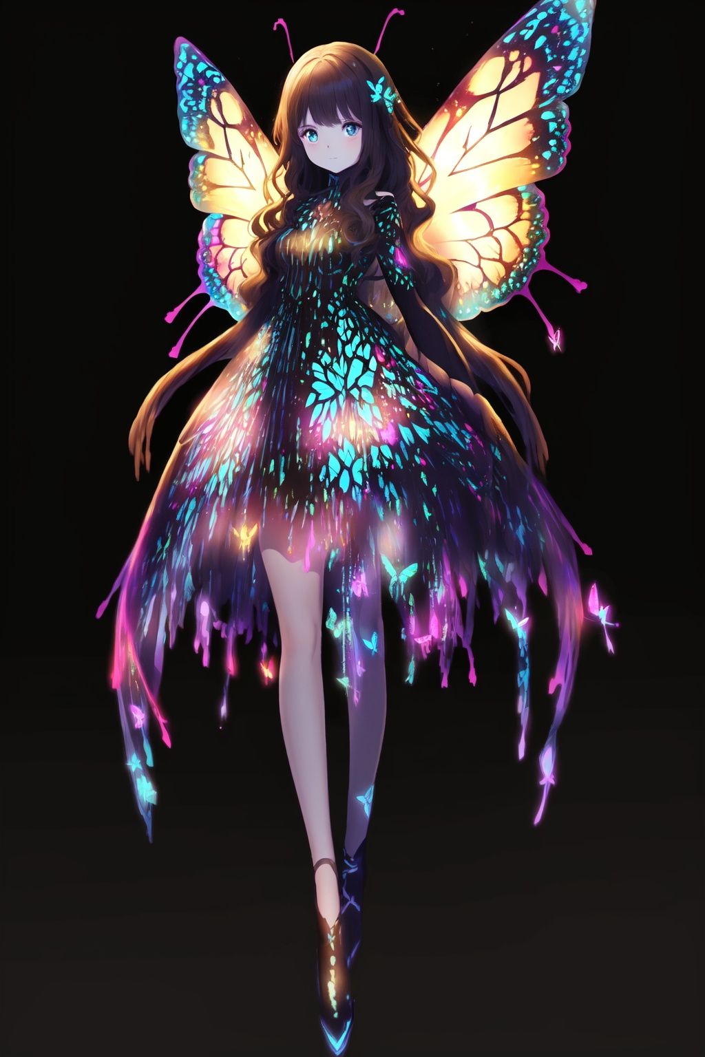  Best quality, 8k, cg,1girl,Glow Dress,Glowing Butterfly,Glowing line,on black,Feather wings