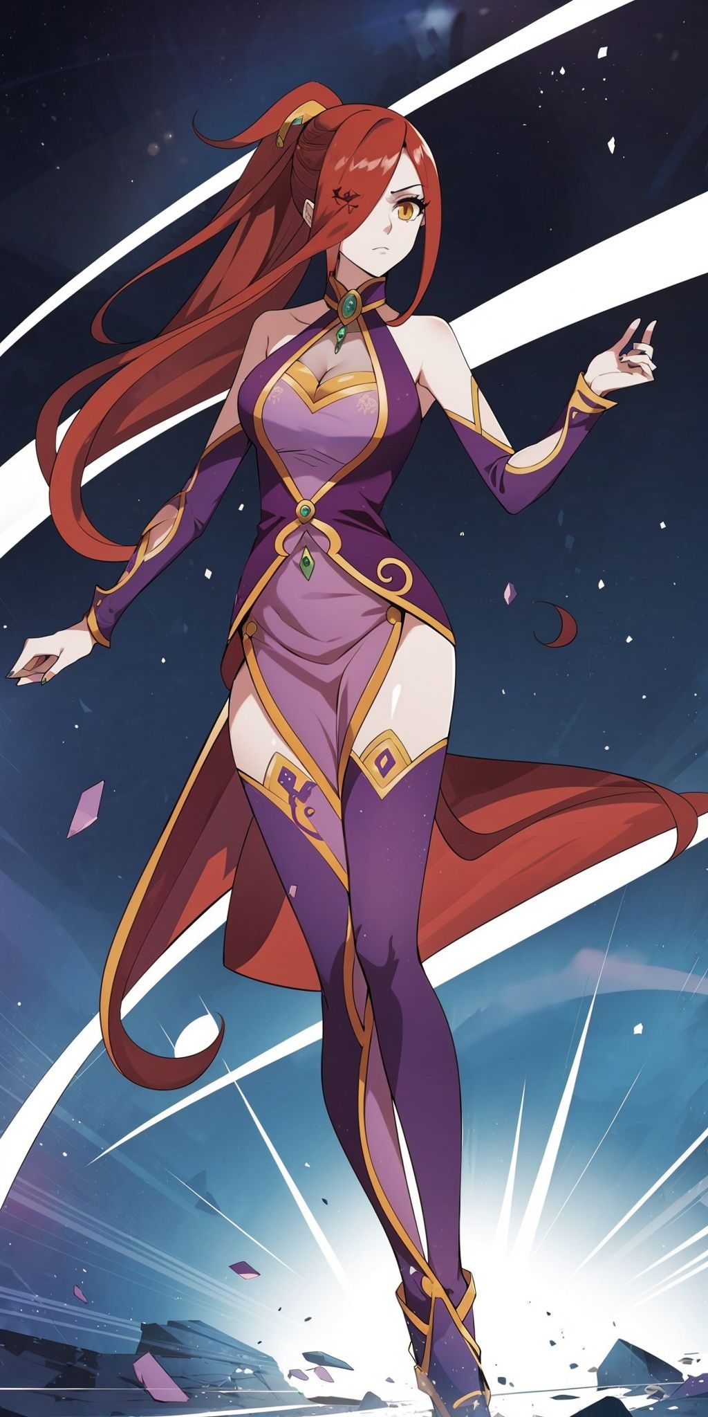  1girl, solo, looking at viewer, (full body),
hat, 
red hair, very long hair, bangs, ponytail,
(hide one eye), yellow eyes, 
cleavage, medium breasts, 
purple cape, long purple dress, jewelry,
purple thighhighs, high heels, 
standing,