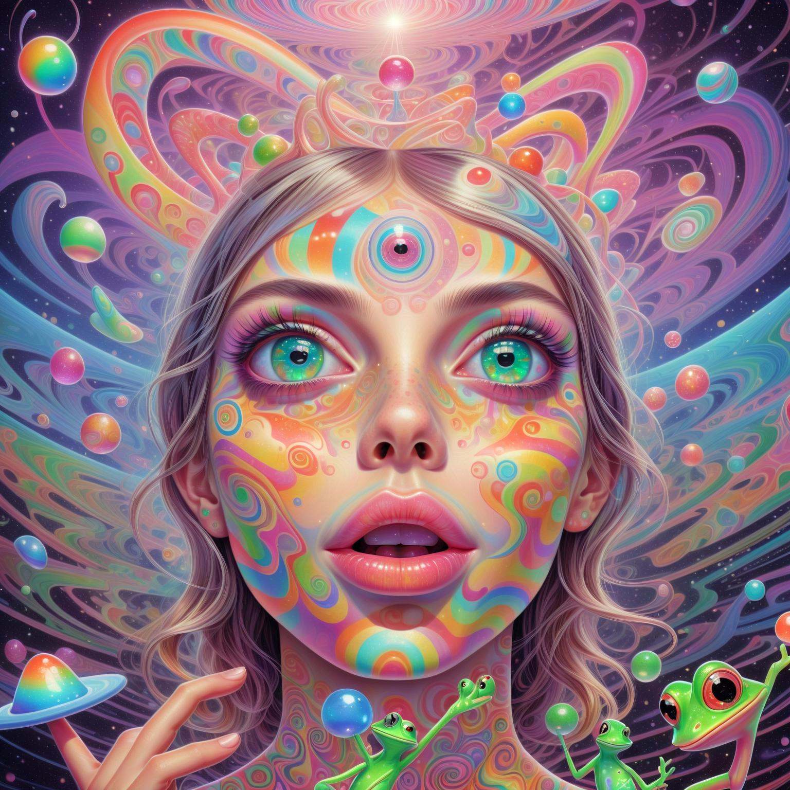A girl with sparkling eyes balances a sugar cube on her extended tongue. Psychedelic patterns swirl around her as aliens a...