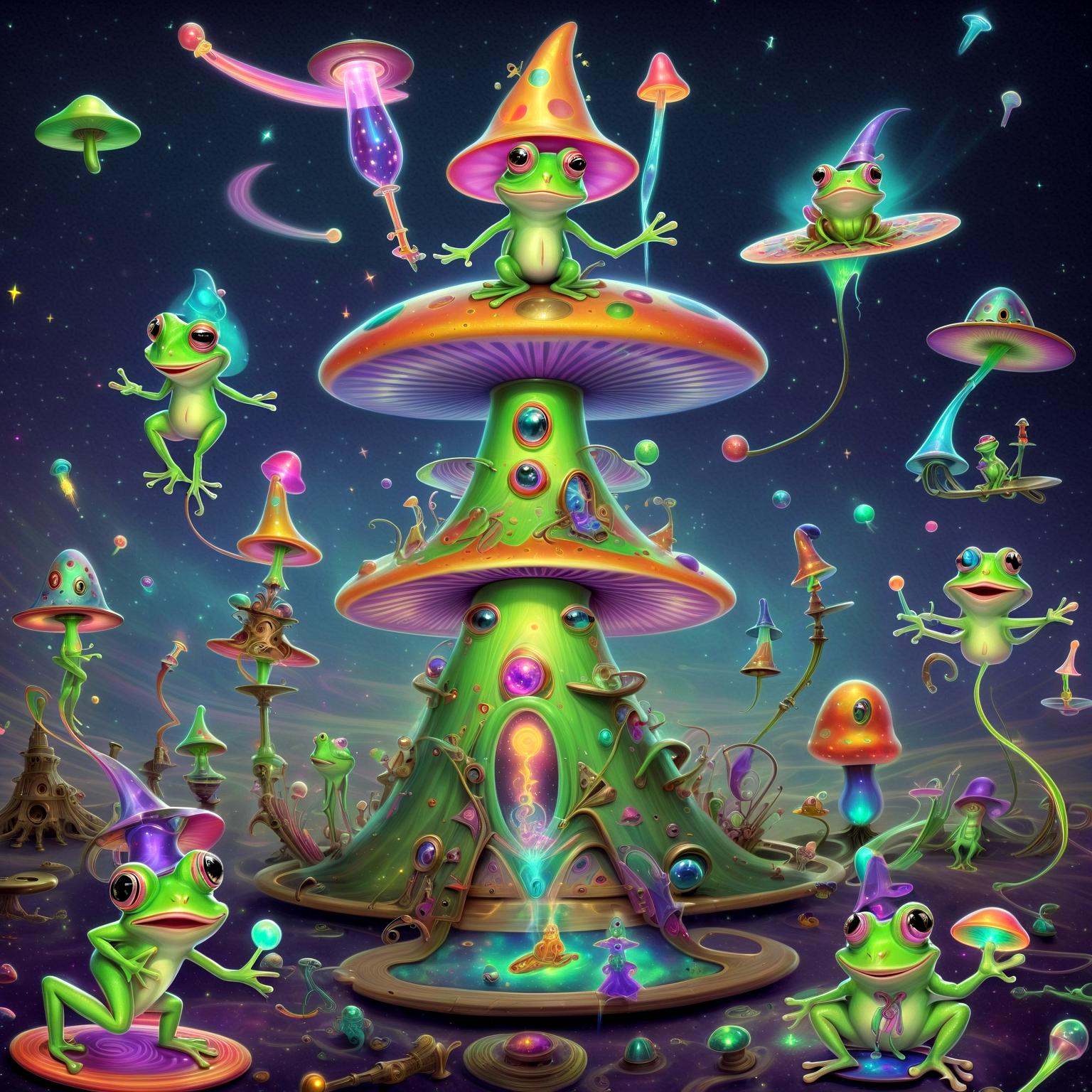 Frogs dressed as wizards conjure technicolor spells,  aliens experiment with bizarre contraptions,  and a girl enters a wh...
