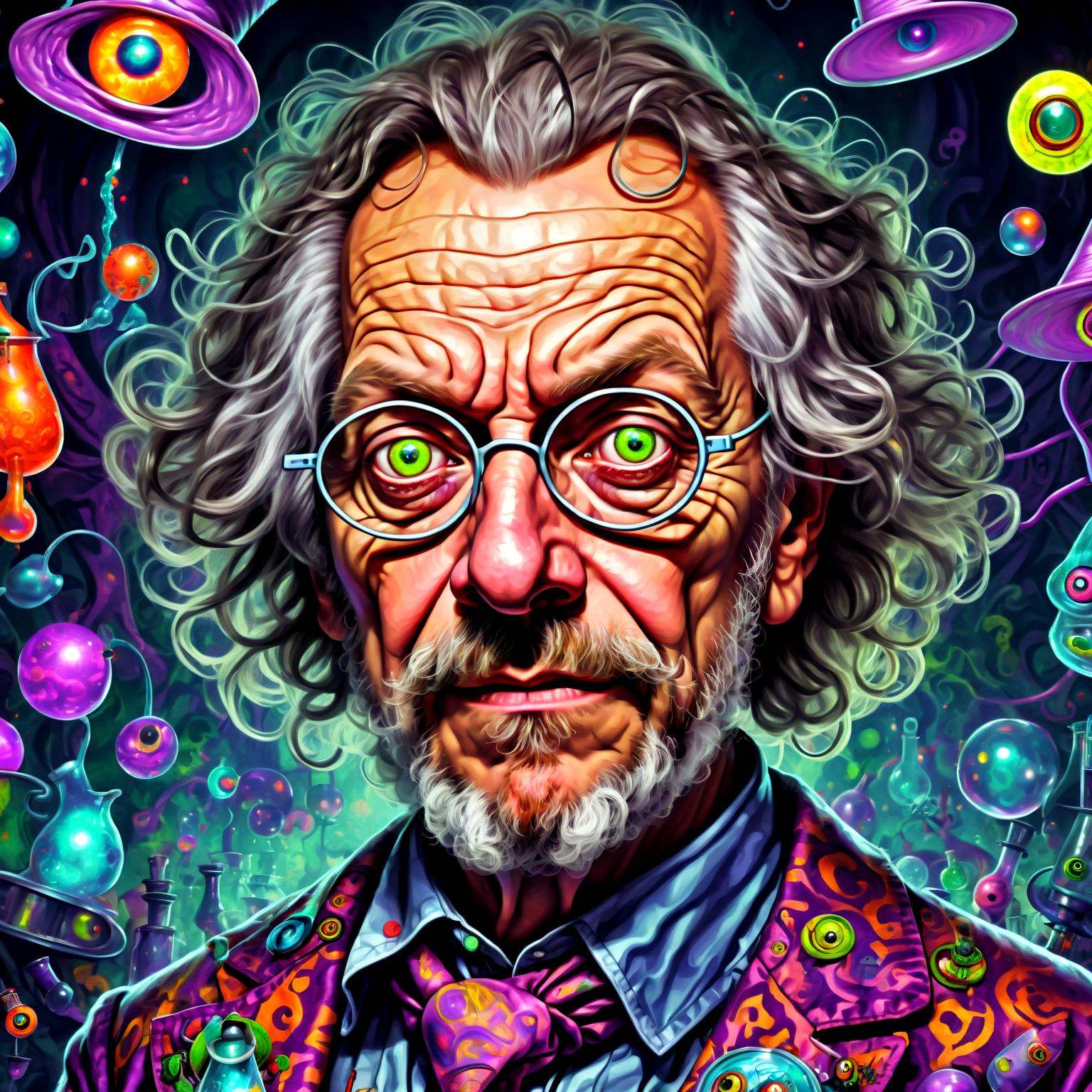 Alexander Shulgin mad professor close up portrait in wonderland,  crazy eyes,  at a acid test party on Tensor.Art