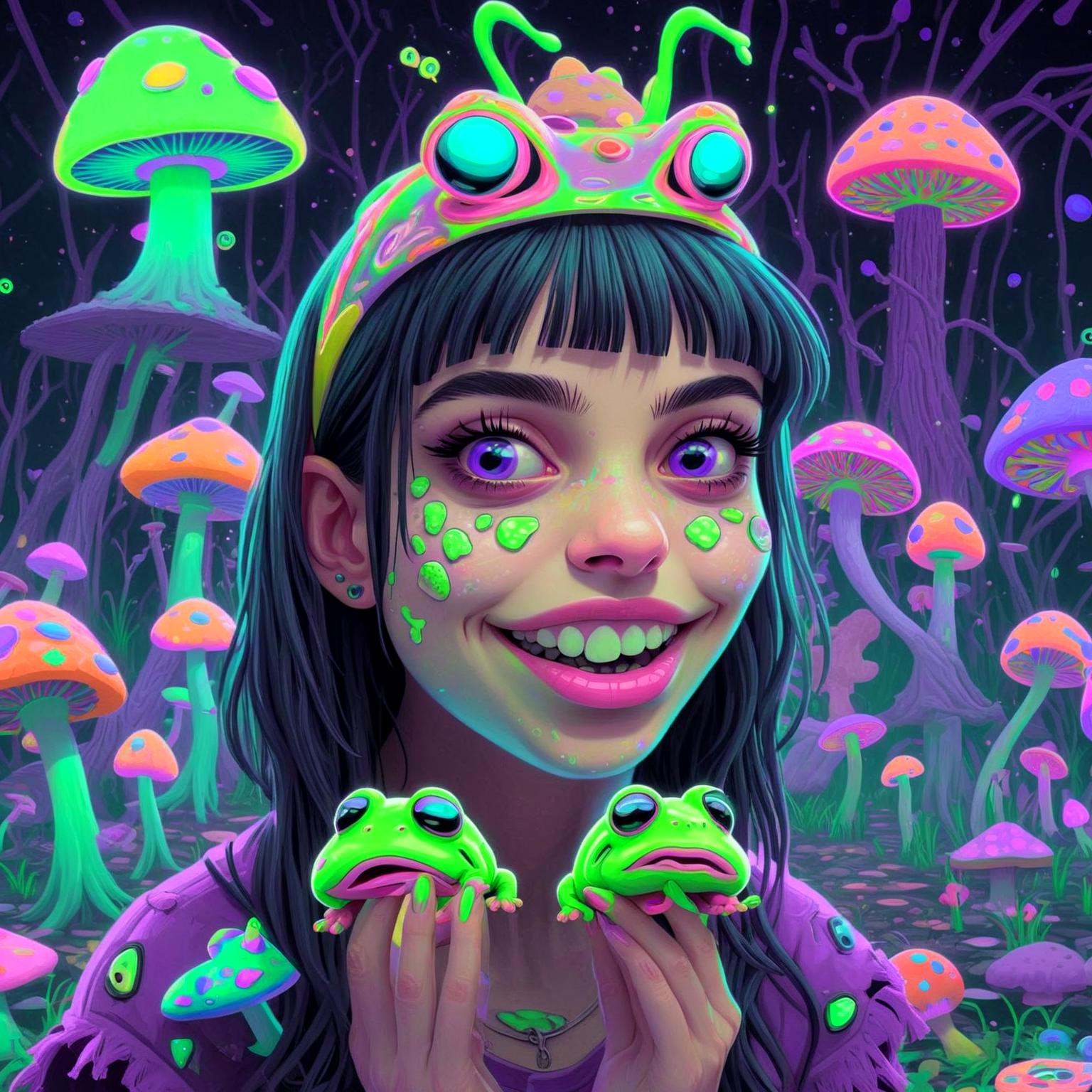 portrait cartoon 1girl 25yo kissing a frog,  mushrooms,  2d on Tensor.Art