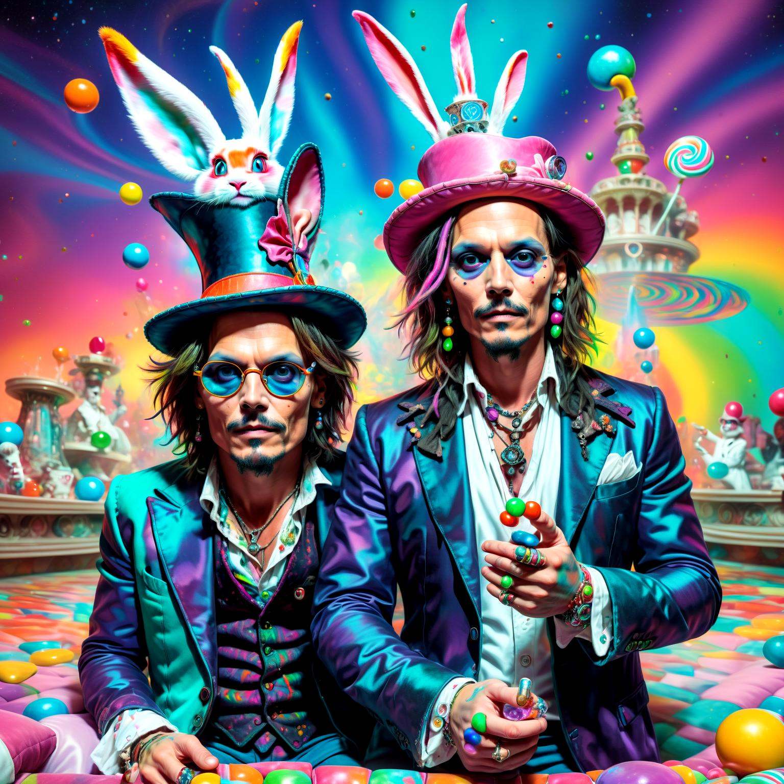 close up portrait,  with his lawyer in wonderland and the white rabbit,  stoned on a sofa in front of the belagio casino i...