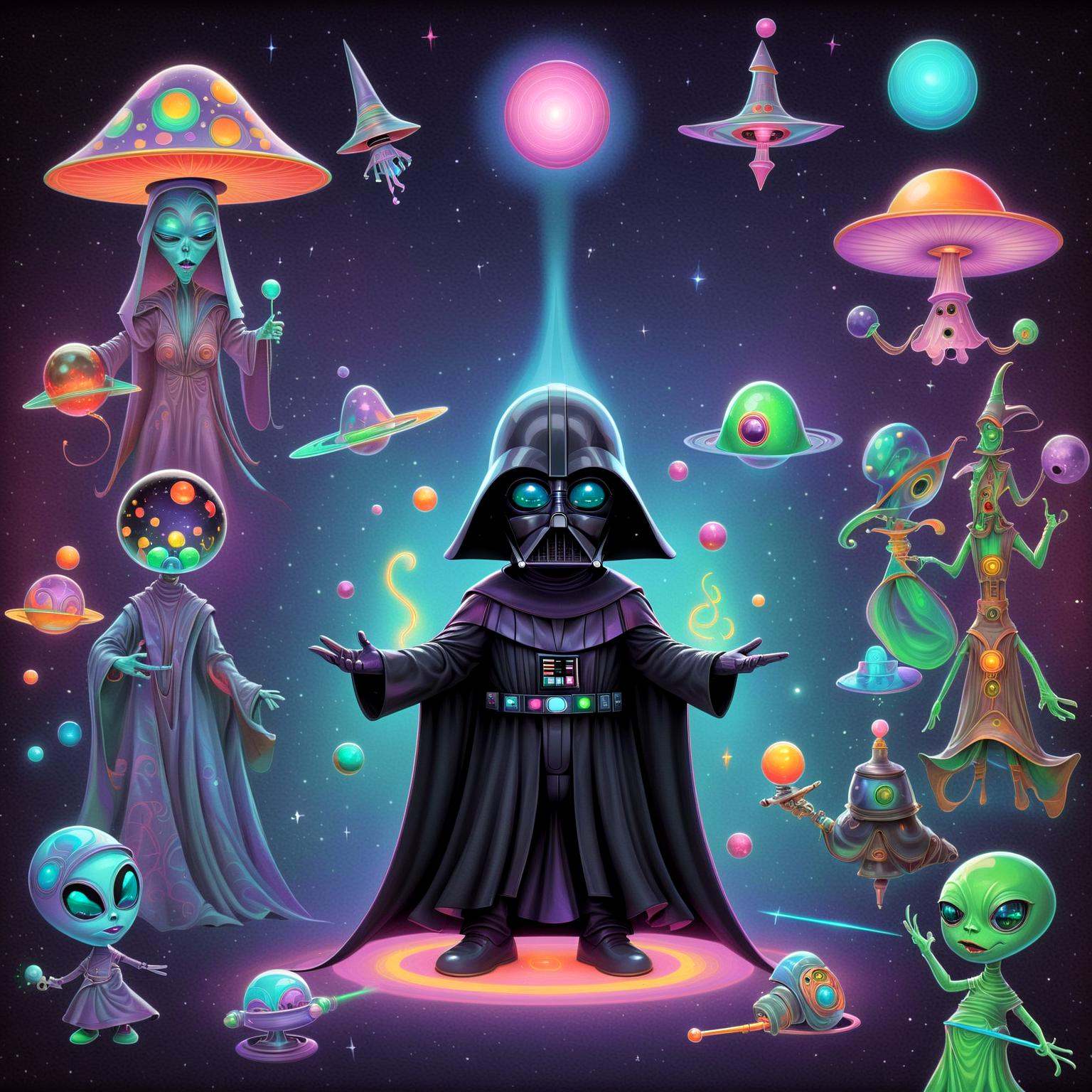 dressed as wizard conjure technicolor spells,  aliens experiment with bizarre contraptions,  and a girl enters a whimsical...