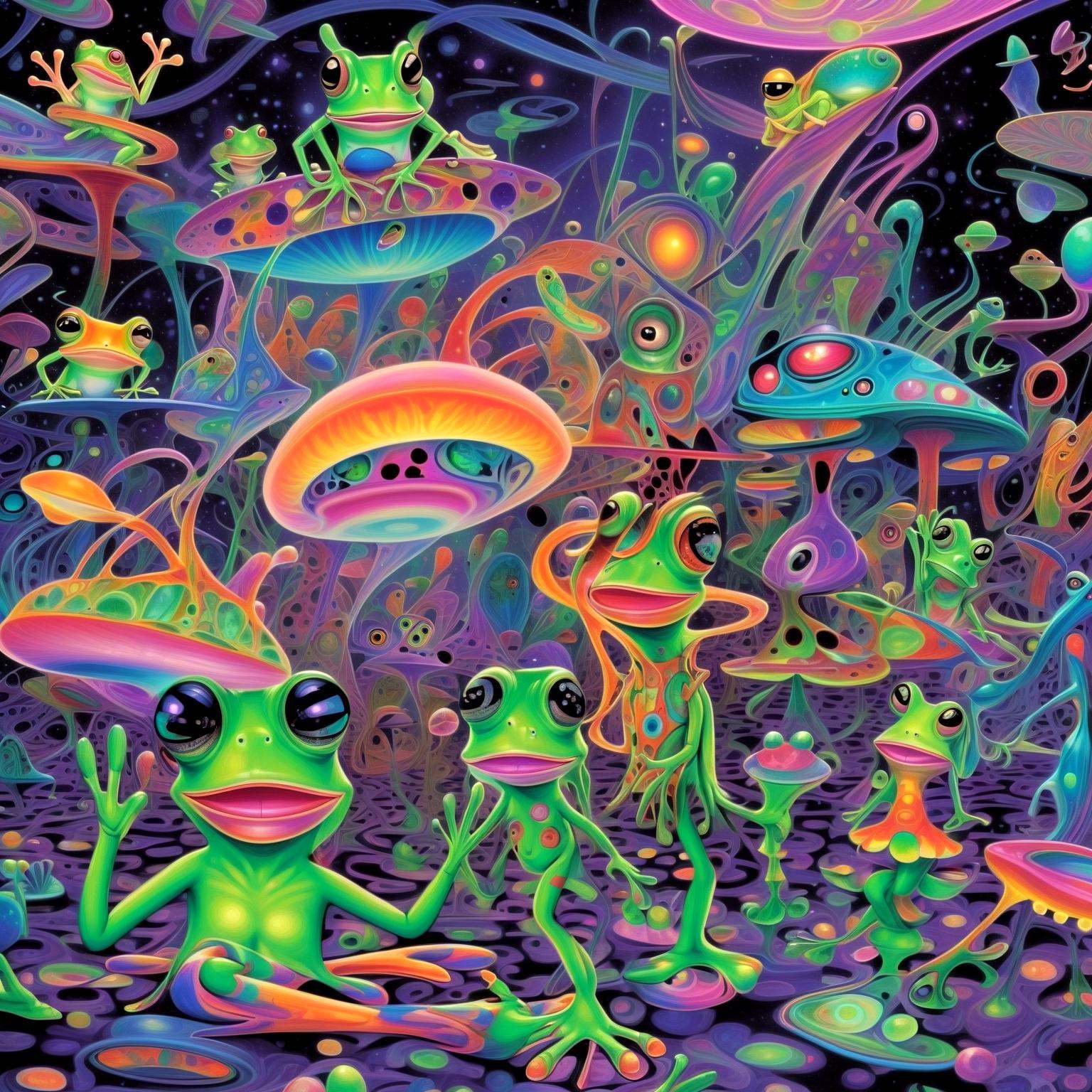 Aliens,  a daring girl,  and frogs indulge in mind-altering substances on Tensor.Art