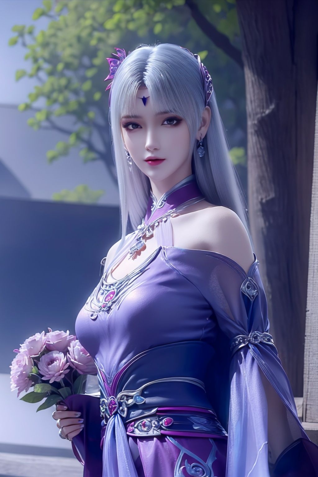  masterpiece, Original, Stand, a beautiful woman with a bouquet of flowers in her hand, long hair, wearing a suit on the upper body, light gray thick tights on the lower body, Bag, jewelry, Necklace, Earrings, Ring, rounded at the knees, waiting for someone, with a sweet smile, newspaper, The best quality, Ray tracing, 8k,white hair
