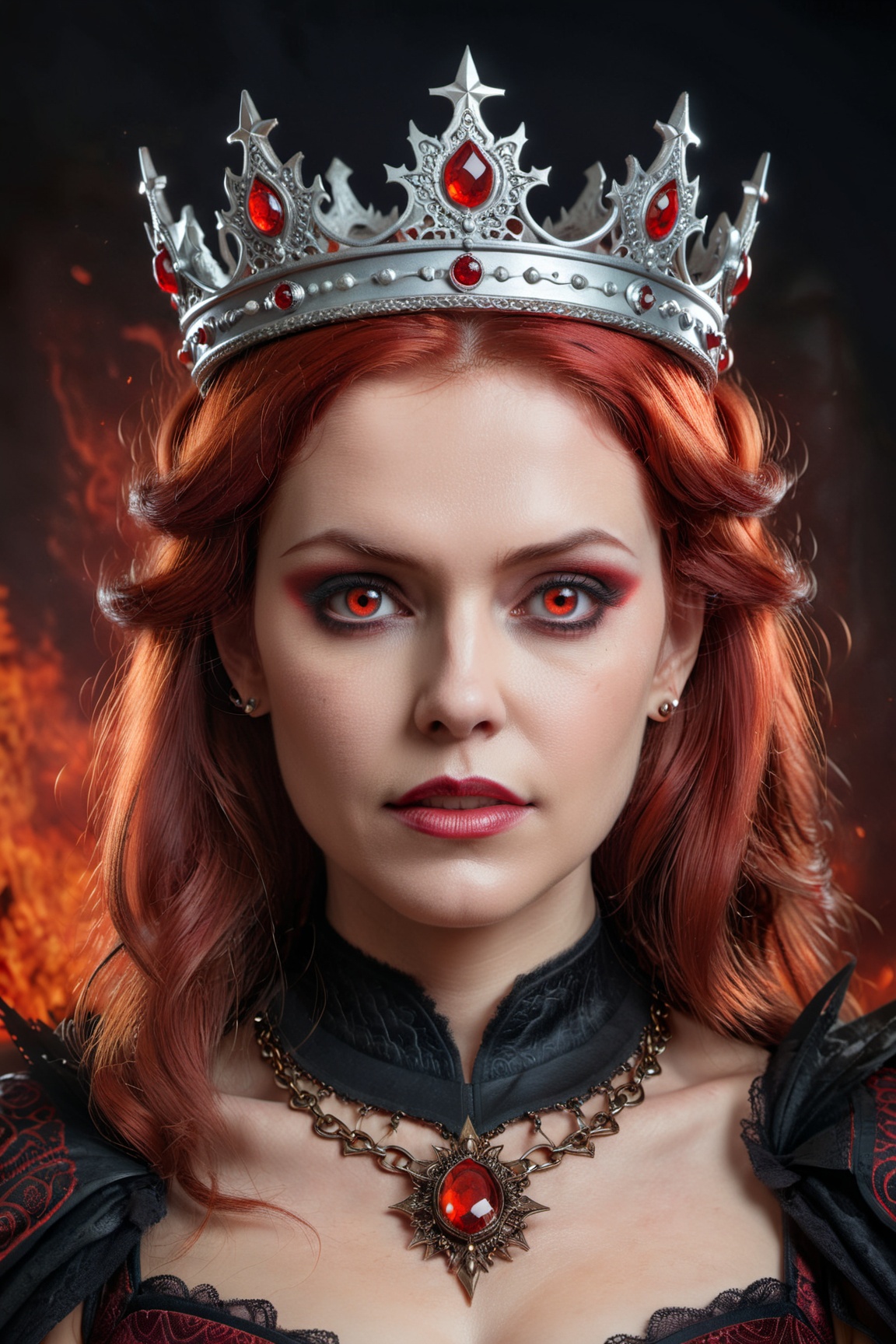 "Produce a spellbinding portrait of Lilith,  the Queen of Hell,  where her eyes burn with a captivating red hue on Tensor.Art