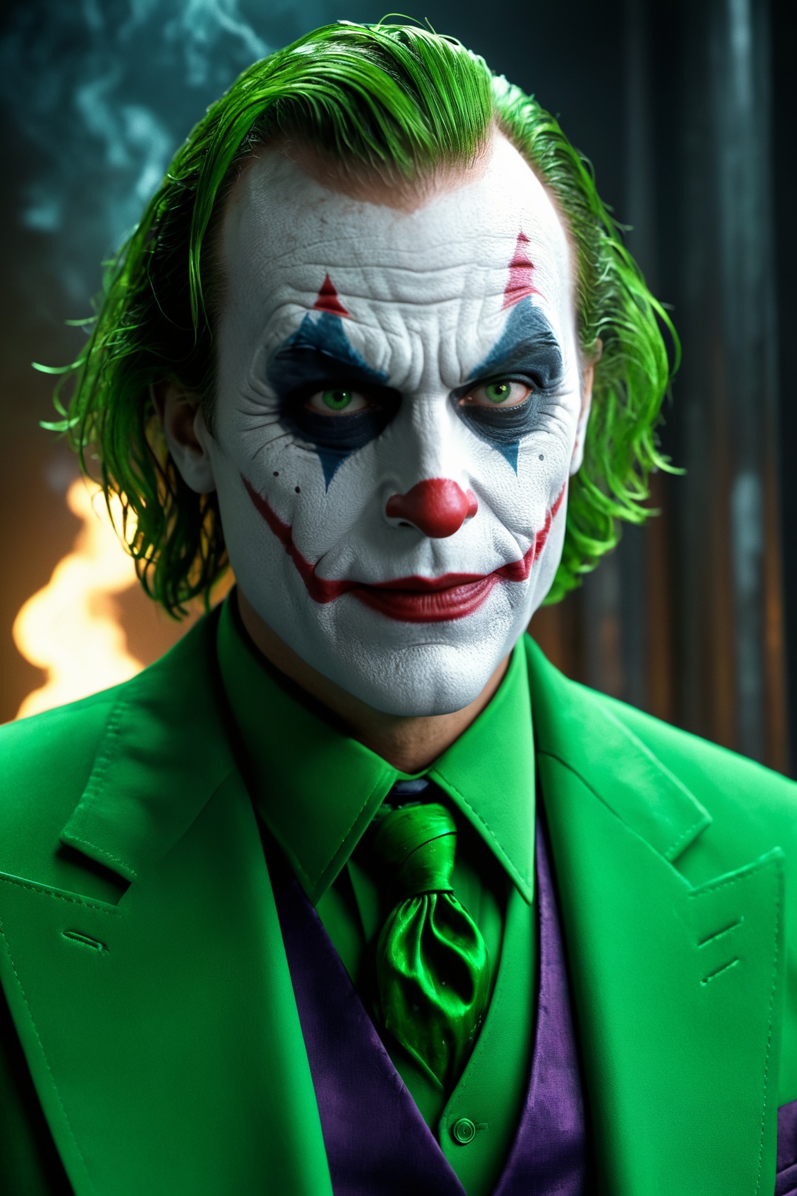 The Dark Joker with Green Evil Light eyes and lighting green thunder Dc ,  scary,  Classic Academia on Tensor.Art