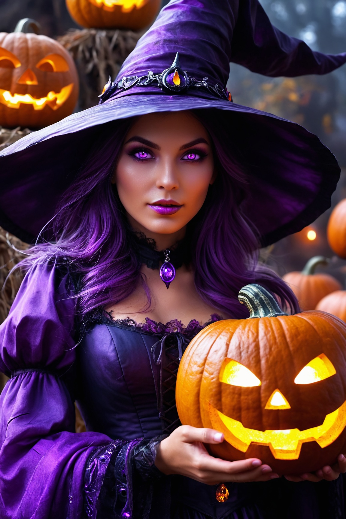 a purple witch purple glowing eyes pumkin lanterns fantasy art highly detailed digital painting,  fantasy art beautiful ma...