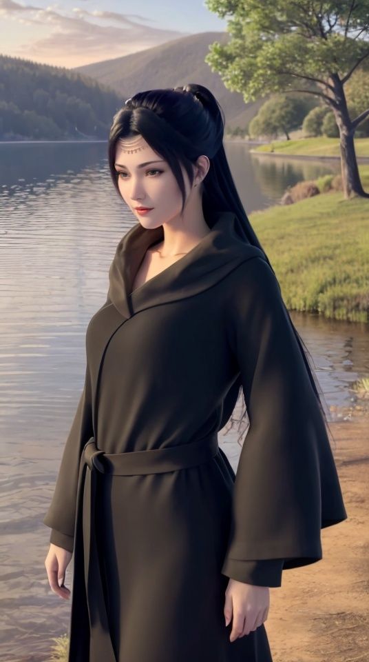 A woman,Wearing black clothing,Standing by the lake,lake water,A cluster of trees,Flowers bloom all over the earth,Beautiful natural scenery,blue sky,,<lora:7464caa82fdbaae8bdf17190e102051c7234e5b29c99abca4c79ed9b2cda73ac:0.6>