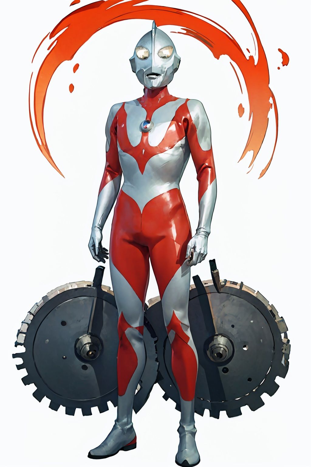 (masterpiece:1.3), (the best quality:1.2), (super fine illustrations:1.2), (Masterpiece), high quality, high detail,((white background:1.2)), looking at viewer, (SOLO:1.4),outline,,simple background,white bodysuit,white gloves,legwear,gloves,boots,logo,cover,mask,plugsuit,gem,bodysuit,red pattern on body,white tight-fitting,white footwear,helmet,leather suit,ultraman,latex