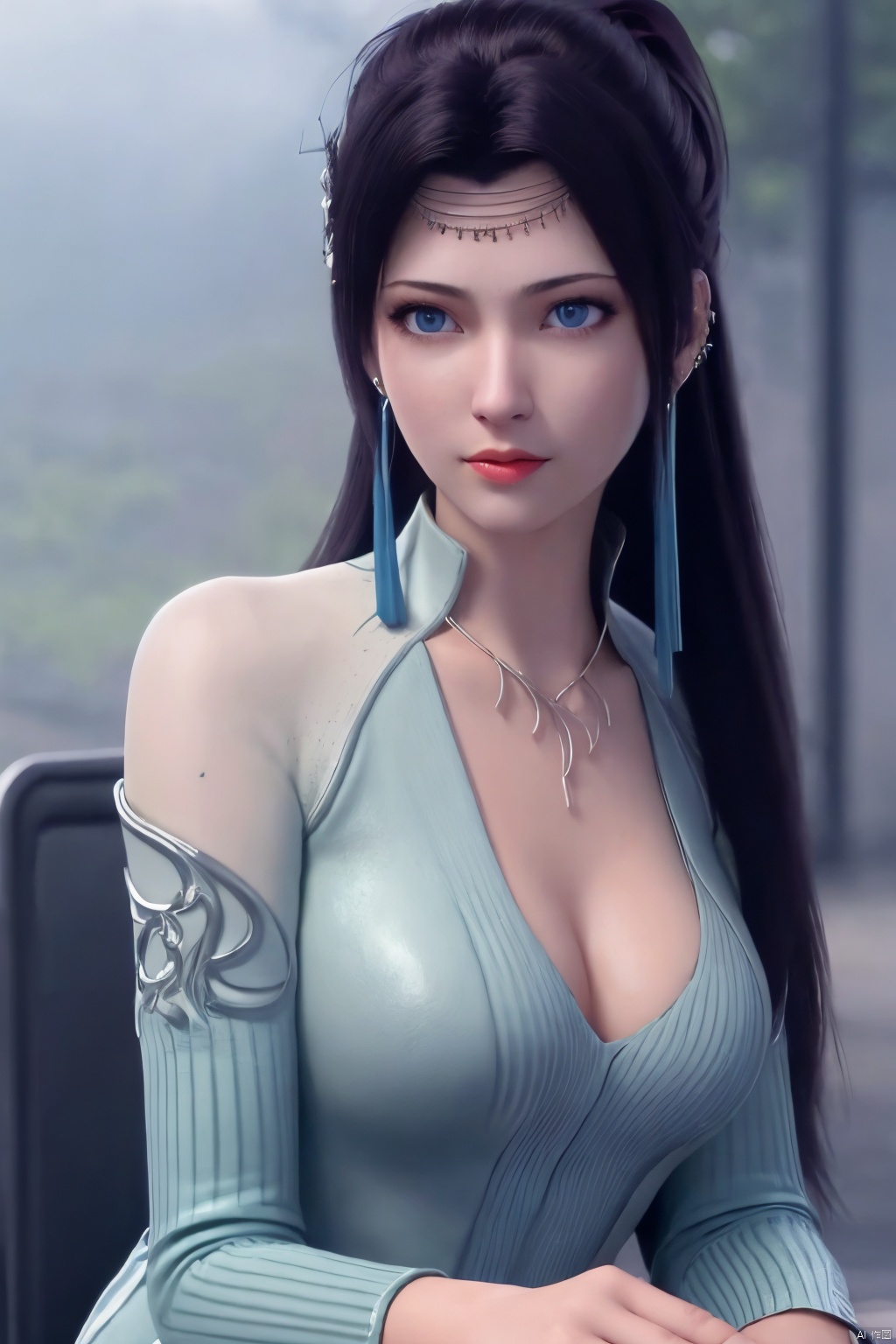  ((HRD, HUD, 8K)),((masterpiece, best quality)), highly detailed,1girl, solo, black hair, long hair, hair ornament, hair bun, blue eyes, lips,earrings, jewelry, necklace, (off-shoulder sweater:1.2), denim shorts, black pantyhose,simple background, grey background, flat color background, full body, (all fours:1.2), looking at viewer, , YunYun