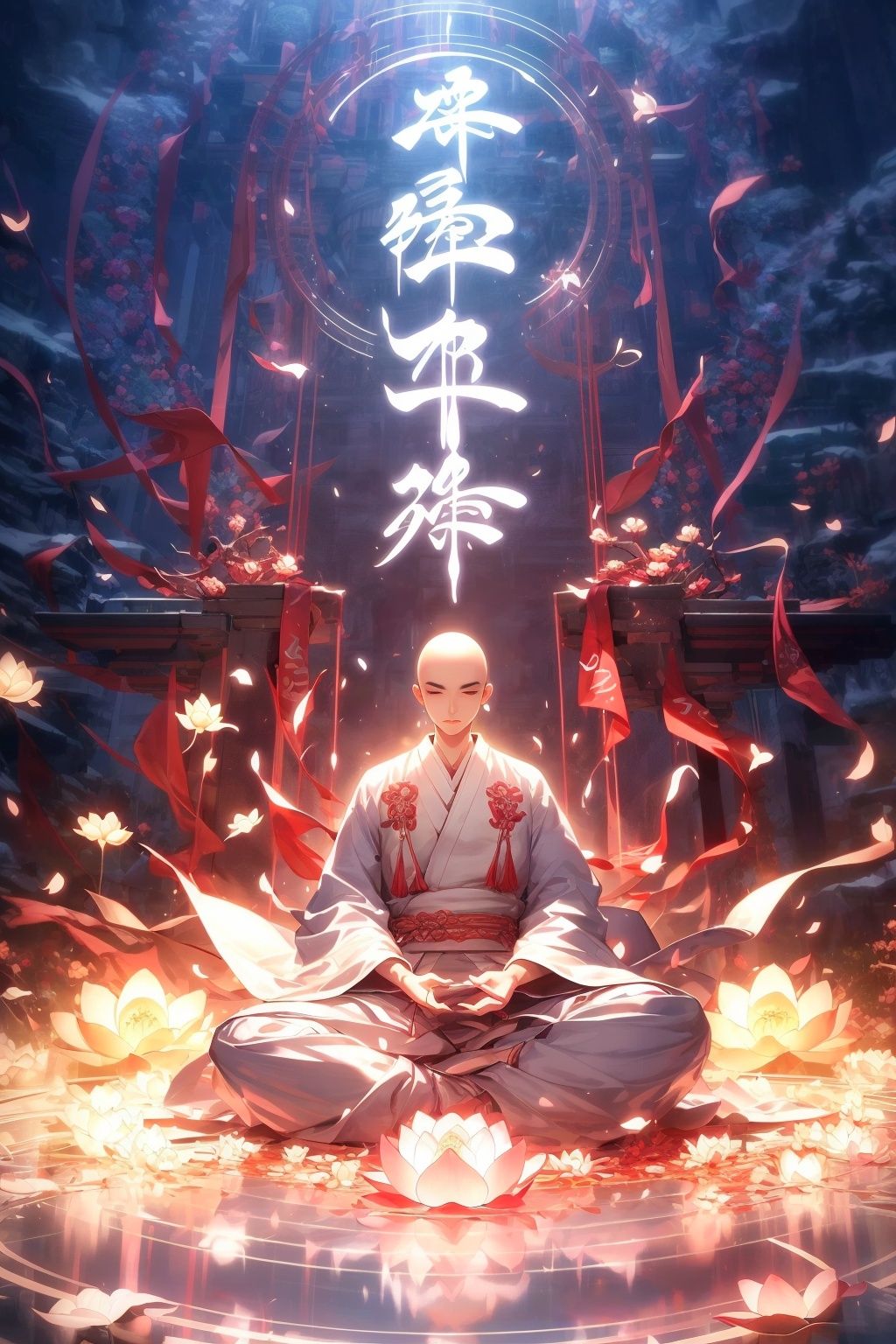  Best quality, 8k,cg,A handsome young Chinese monk doing yoga, sitting on a lotus flower, dressed in white and light red Hanbok, Chinese Kung Fu, Chinese style, futuristic, spinning, standing in front of many glowing text backgrounds, with various Chinese runes flashing in formation, including impact, explosion, special effects, perspective, 3D rendering, OC rendering, 8k