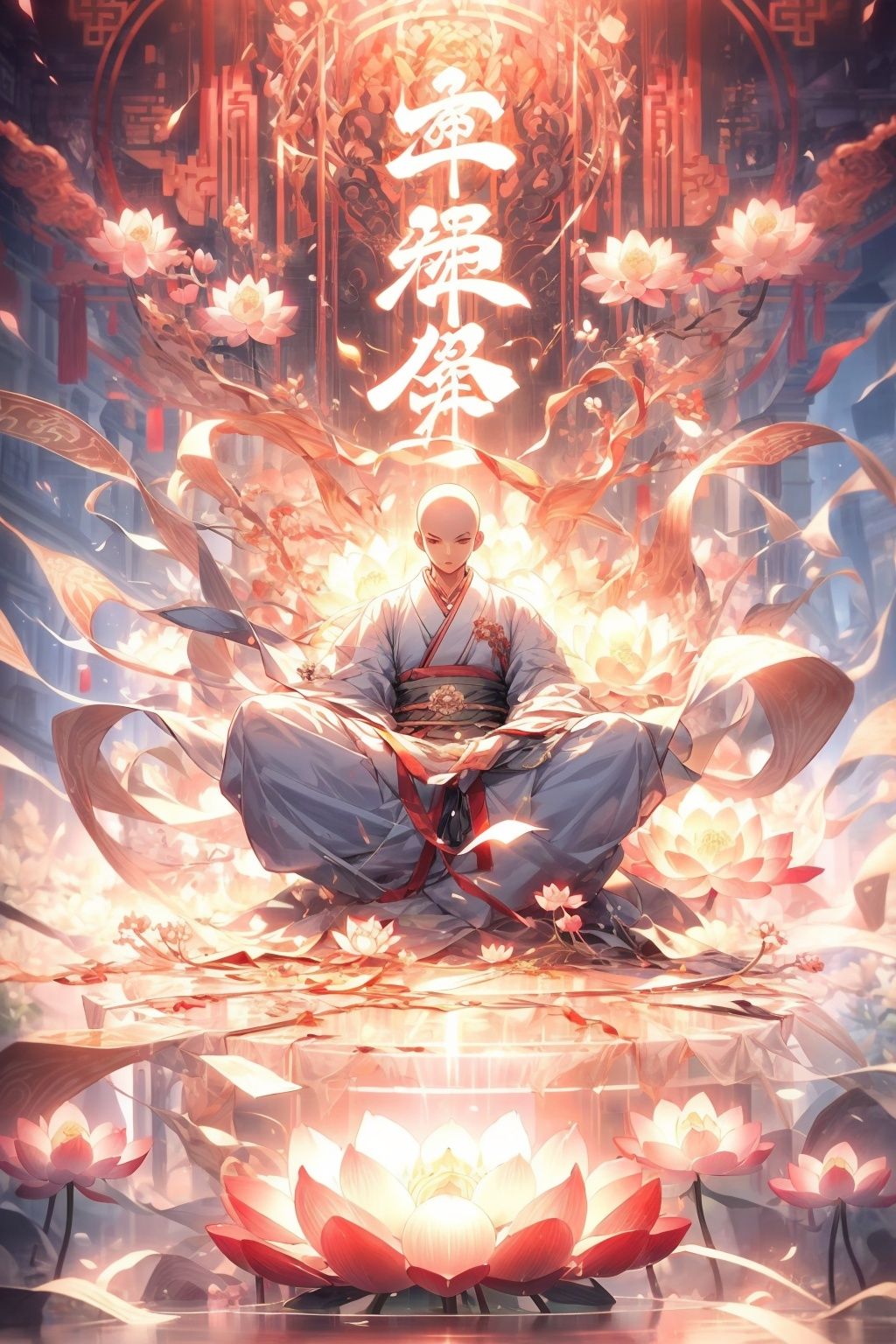  Best quality, 8k,cg,A handsome young Chinese monk doing yoga, sitting on a lotus flower, dressed in white and light red Hanbok, Chinese Kung Fu, Chinese style, futuristic, spinning, standing in front of many glowing text backgrounds, with various Chinese runes flashing in formation, including impact, explosion, special effects, perspective, 3D rendering, OC rendering, 8k