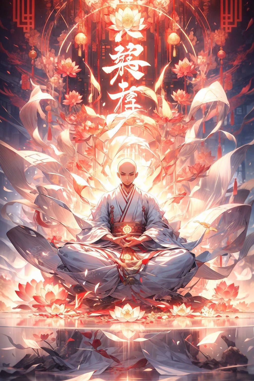  Best quality, 8k,cg,A handsome young Chinese monk doing yoga, sitting on a lotus flower, dressed in white and light red Hanbok, Chinese Kung Fu, Chinese style, futuristic, spinning, standing in front of many glowing text backgrounds, with various Chinese runes flashing in formation, including impact, explosion, special effects, perspective, 3D rendering, OC rendering, 8k