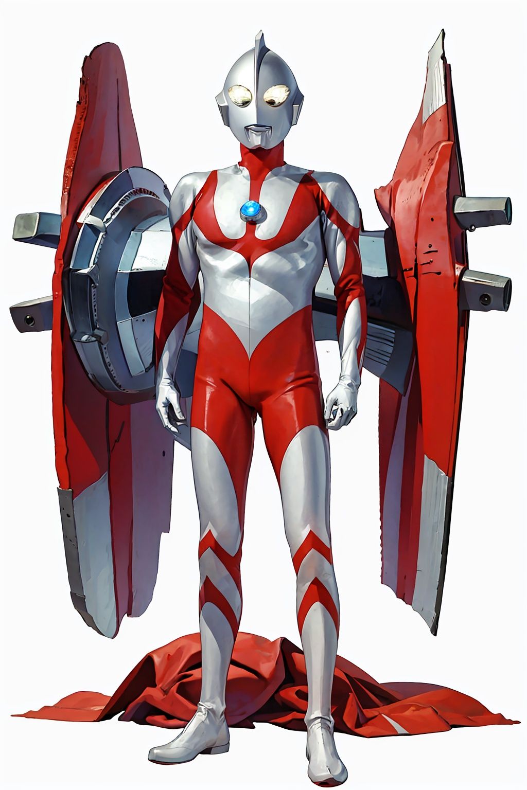 (masterpiece:1.3), (the best quality:1.2), (super fine illustrations:1.2), (Masterpiece), high quality, high detail,((white background:1.2)), looking at viewer, (SOLO:1.4),outline,,simple background,white bodysuit,white gloves,legwear,gloves,boots,logo,cover,mask,plugsuit,gem,bodysuit,red pattern on body,white tight-fitting,white footwear,helmet,leather suit,ultraman,latex