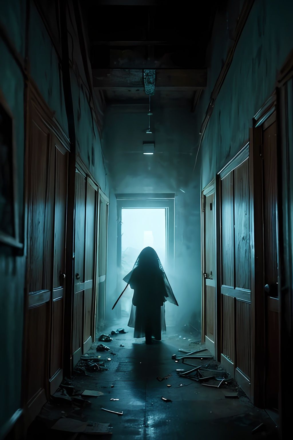  A Photo of an alone Japanese **** girl ghost. In the dimly lit, claustrophobic confines of a small room in Tokyo, a ghostly presence emerges, consumed by the macabre world of a horror game. It lurks in a desolate corner, shrouded in impenetrable darkness, its malevolent gaze fixed upon the player with an unnerving and twisted smile that sends shivers down the spine. The ghostly apparition is draped in a tattered, filth-ridden white dress, a haunting relic of the past, and its ethereal form wavers, revealing glimpses of the spectral realm beyond.

Within the room's suffocating atmosphere, a dilapidated chair, a forgotten relic from another era, stands as a chilling reminder of the room's sinister history. Time has eroded its once ornate carvings, leaving behind a decaying shell that echoes with the anguished whispers of souls long departed. The walls, adorned with faded photographs of forgotten faces, seem to exude a mournful presence, as if the very essence of those captured within yearns for release from their eternal purgatory.

A pale blue luminescence emanates from the ghost's eyes, casting an eerie glow that permeates the air, suffusing every corner of the room with a spectral incandescence. Shadows dance and contort under the ethereal radiance, twisting into grotesque forms that mock the sanity of the living.

As the ghost silently extends its translucent hand, a bone-chilling stillness descends. With each agonizingly slow movement, it inches closer to the player, a creeping specter of doom. But no matter how near it draws, the ghost's transparent hand never breaches the threshold of the tangible world, leaving a trail of icy dread in its wake. It is an embodiment of torment, forever denied the solace of human touch.

Yet, paradoxically, amidst the palpable terror