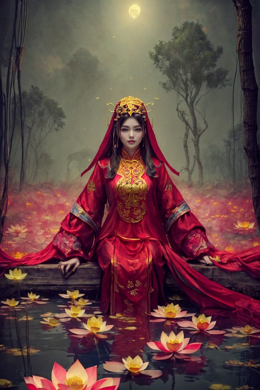 ((masterpiece)),((best quality)),8k,high detailed,ultra-detailed,upper body,((huangfu paper)),1girl,jiangshigirl costume,huangfu,(blood-red eyes)),painted face,with glowing eyes,floating above a field of lotus flowers. The surreal scene blends elements of traditional folklore with a fantastical dreamscape,creating an otherworldly and serene ambiance. ((floating:1.2)),(dreamlike),(lotus field),Unreal Engine rendering,exploring the intersection of dreams and the supernatural, qiuyinong