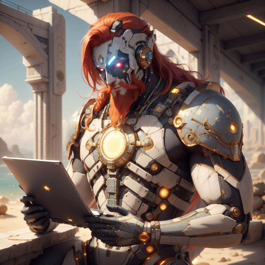 <lora:CarthageTech-26:0.8>, carthagetech ,  scifi,  solar age, gold mosaic , scroll, 1boy,long hair, red hair, glowing eyes, smile ,closed mouth, holding scroll,beard, outdoors, 