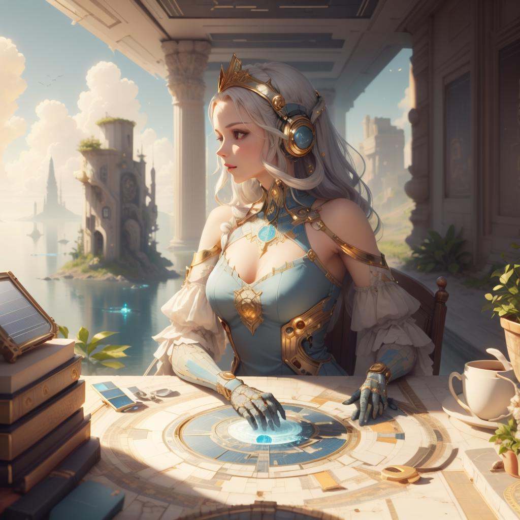 <lora:CarthageTech-26:0.8>, carthagetech ,  scifi,  solar age, gold mosaic , 1girl, alice \(alice in wonderland\), dress, outdoors, 