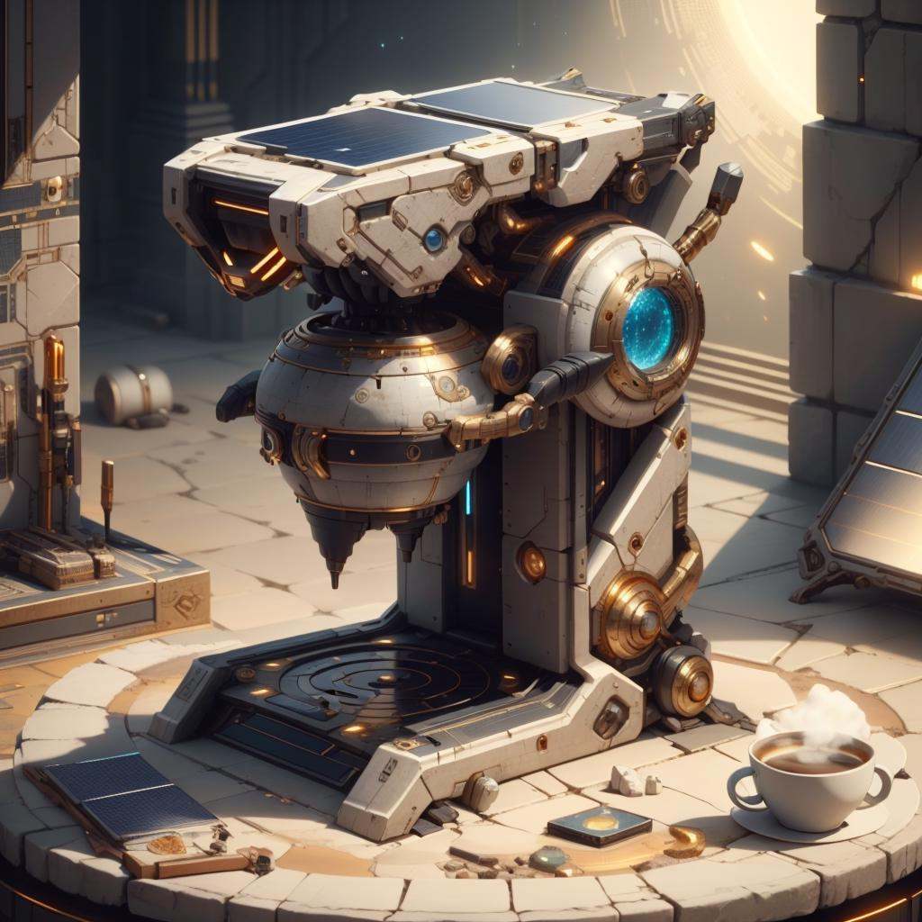 <lora:CarthageTech-26:0.8>, carthagetech ,  scifi,  solar age, gold mosaic ,coffee machine, 