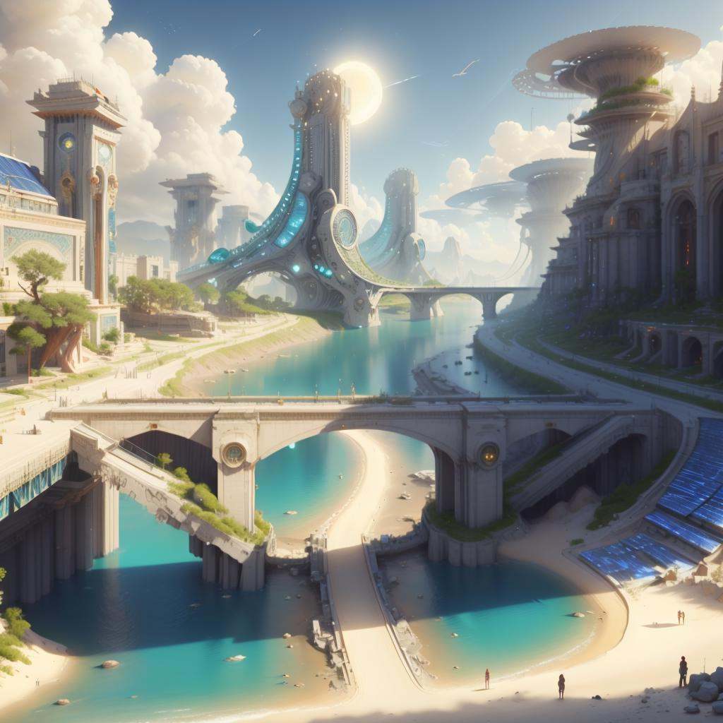 <lora:CarthageTech-26:0.8>, carthagetech ,  scifi,  solar age, gold mosaic ,  bridge, river