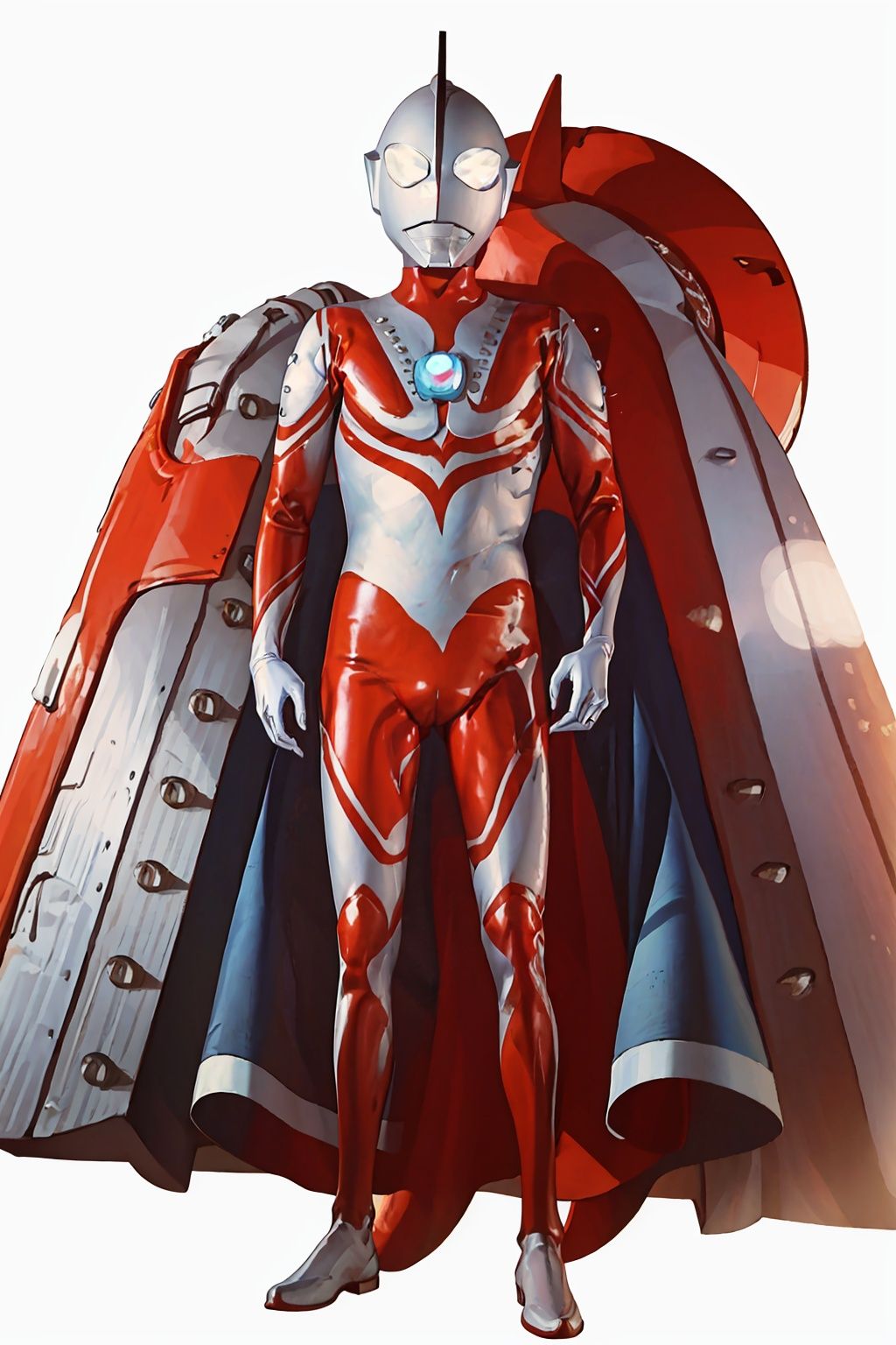 (masterpiece:1.3), (the best quality:1.2), (super fine illustrations:1.2), (Masterpiece), high quality, high detail,((white background:1.2)), looking at viewer, (SOLO:1.4),outline,,simple background,white bodysuit,white gloves,legwear,gloves,boots,logo,cover,mask,plugsuit,gem,bodysuit,red pattern on body,white tight-fitting,white footwear,helmet,leather suit,ultraman,latex