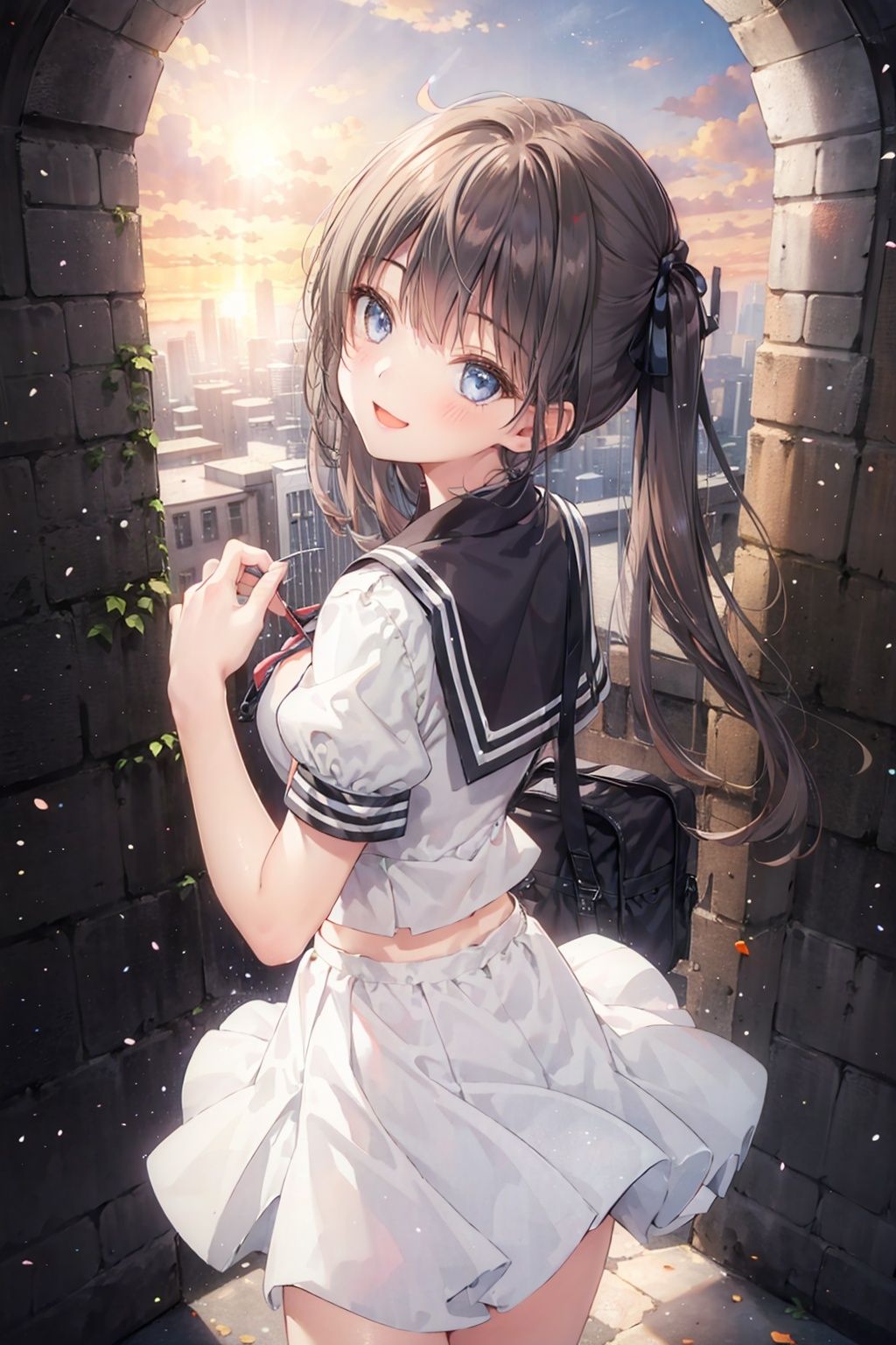 absurdres, absolutely resolution, incredibly absurdres, highres, ultra detailed, official art, unity 8k wallpaper, Kinetic TypographyBREAK(1girl, solo:1.4), beautiful and shiny skin, coquettish skin, acrobatic pose, dynamic poses, dynamic angle,  close-up, (cowboy shot, from above:1.4)BREAK(smile, happy:1.4), open mouth, blush, extasy, (tilt head:1.4)BREAKass, leaning forward, leaning against the railing, skirt lift, holding the railing, metal railingBREAK(from behind, looking at viewer, looking back:1.6)BREAKblack hair, long hair, twintails, ahoge, linea alba, midriff, thighsBREAKschool uniform, white shirts, short sleeve, black skirtBREAKoutdoors, (sunset, twilight sky:1.4), building, (overlooking the city from the rooftop:1.4)BREAKblurry background, depth of field, bokeh, (fisheye lens:1.2)BREAKnice hands, perfect hands