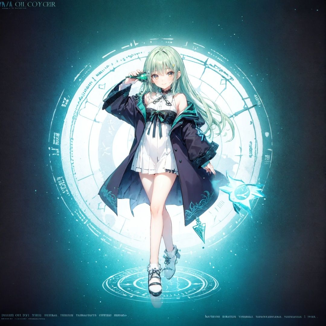 magic circle,(holding a wand),long hair,1girl,green hair,standing,full body,bare leg,mid shot