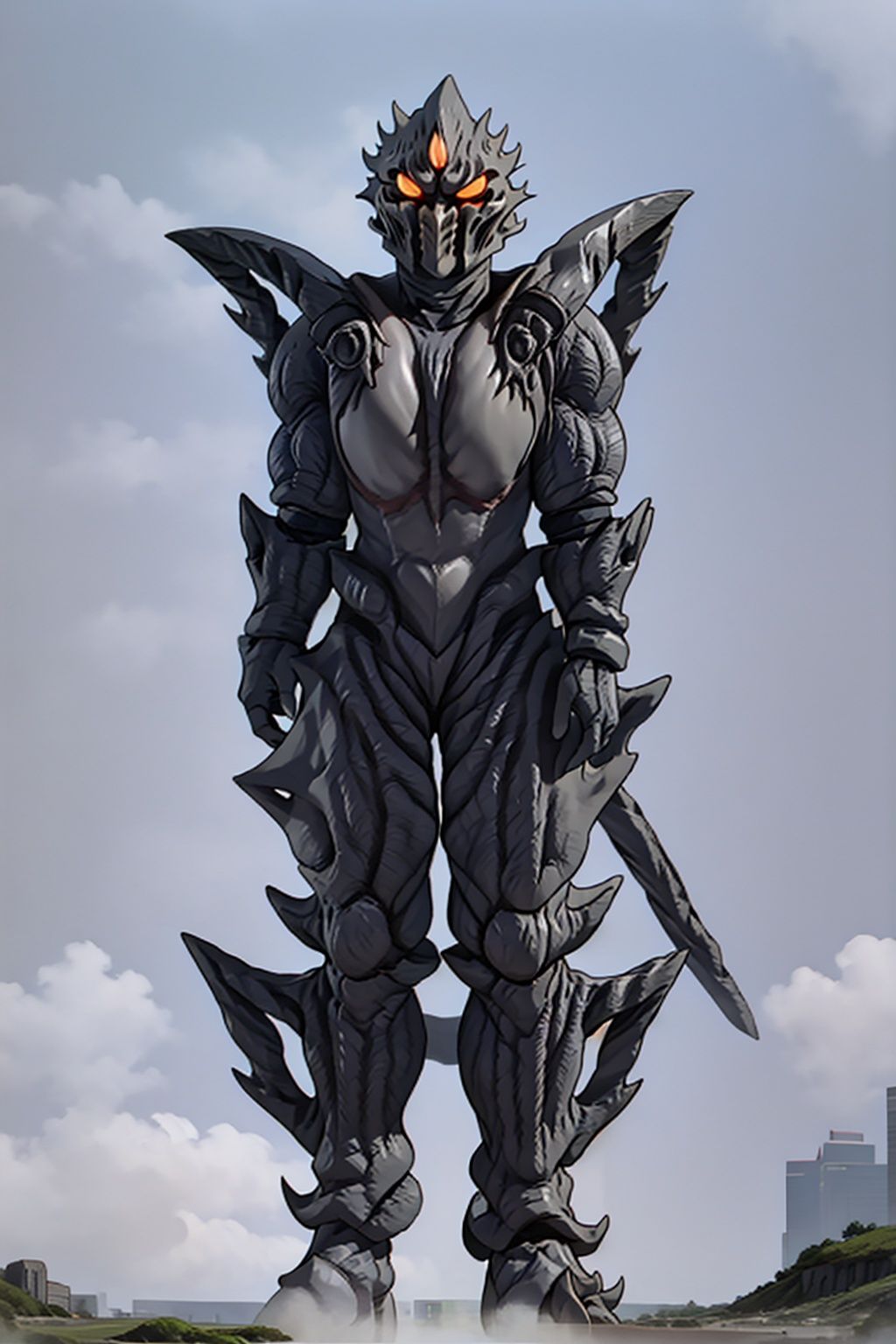 muscular, kaijuu,monster,mecha,robot,breastplate,armor,shoulder armor,gauntlets,cover,mask,helmet,armor, solo, weapon,armor