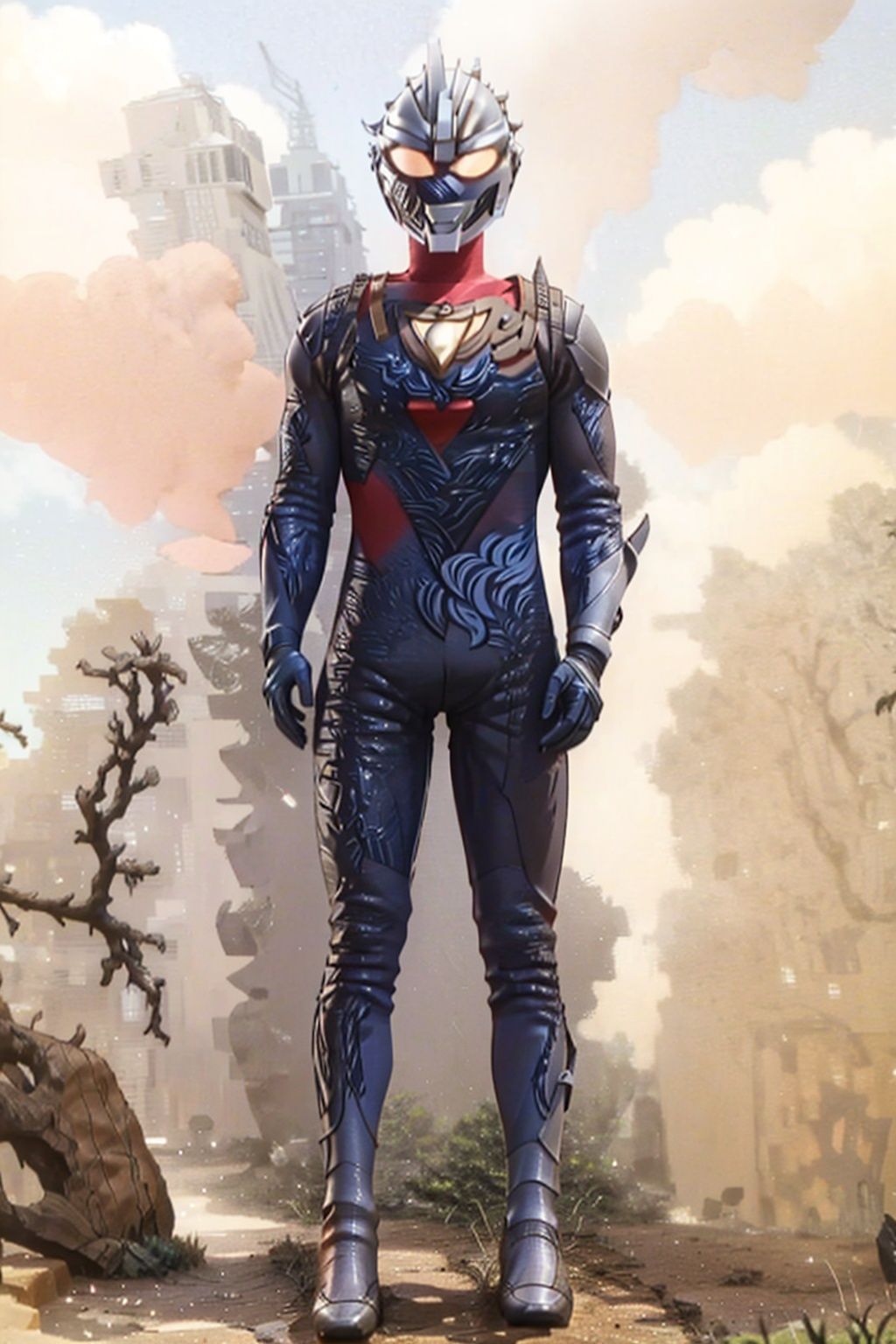 monster,red footwear,red tight-fitting,silver pattern on body,bodysuit,gem,plugsuit,mask,cover,logo,boots,gloves,red legwear,red gloves,red bodysuit,leather suit,latex,breastplate,gauntlets,cover,mask,helmet,armor