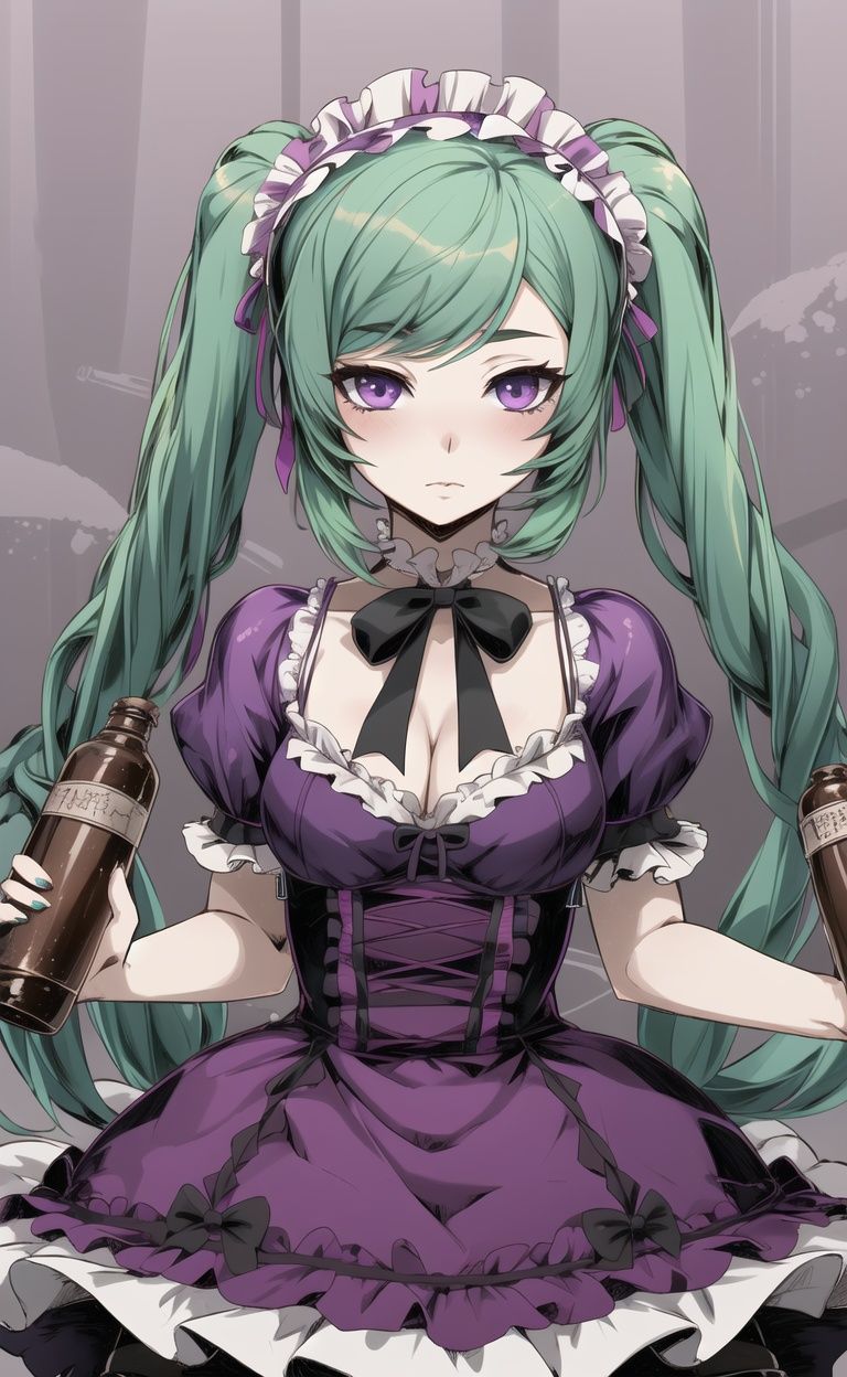 hires,8k,effect,high detail,effect background,(throw poison bottle:1.2)1girl,green hair,twintails,(unlight:1.3),ink art,(purple lolita dress:1.1),lolita hairband, <lora:GoodHands-vanilla:1.2> <lora:Unlight:1>