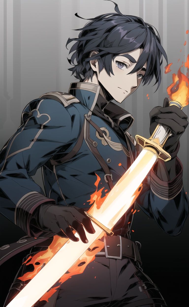 hires,8k,effect,high detail,effect background,(holding  fire sword:1.2)1boy,black hair,(unlight:1.3),ink art,blue uniform,Chopping<lora:GoodHands-vanilla:1.2> <lora:Unlight:1>