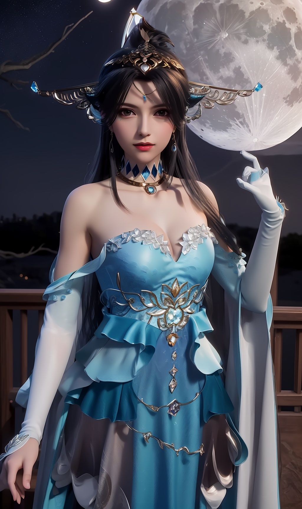 masterpiece,(best quality),(3d)official art, extremely detailed cg 8k wallpaper,((crystalstexture skin)), (extremely delicate and beautiful),highly detailed,1girl,solo,long hair,headwear,(standing),(hair),dress,gloves,(Outdoor, night,moon),looking_at_viewer, (cleavage, medium breasts), (upper body), <lora:hipoly3DModelLora_v10:0.3> <lora:枫岫-太一剑仙传-碧波仙子01:0.75>