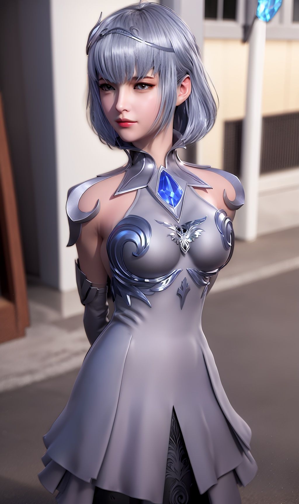 masterpiece,(best quality),(3d)official art, extremely detailed cg 8k wallpaper,((crystalstexture skin)), (extremely delicate and beautiful),highly detailed,1girl,solo,long hair,headwear,(standing),(silver  hair),(closed mouth),bodysuit,skirt,(arms behind back)(Outdoor, Street, Sunny),short_hair,looking_at_viewer, (cleavage, medium breasts), (upper body), <lora:hipoly3DModelLora_v10:0.3> <lora:枫岫-斗罗大陆-叶冷冷04:0.75>