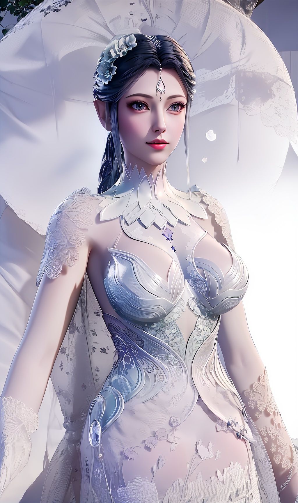 masterpiece,(best quality),(3d)official art, extremely detailed cg 8k wallpaper,((crystalstexture skin)), (extremely delicate and beautiful),highly detailed,1girl,solo,long hair,headwear,(standing),(  hair),(closed mouth),dress,(Outdoor, night,moon),looking_at_viewer, (cleavage, medium breasts), (upper body), <lora:hipoly3DModelLora_v10:0.3> <lora:枫岫-太一剑仙传-圣女02:0.8>