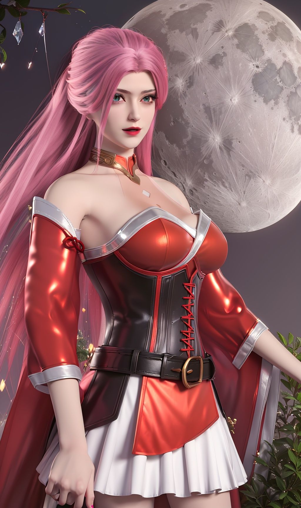 masterpiece,(best quality),(3d)official art, extremely detailed cg 8k wallpaper,((crystalstexture skin)), (extremely delicate and beautiful),highly detailed,1girl,solo,long hair,headwear,(standing),(pink  hair),hair_ornament,bare_shoulders,detached_sleeves,dress,skirt,(Outdoor, night,moon),looking_at_viewer, (cleavage, medium breasts), (upper body), <lora:hipoly3DModelLora_v10:0.3>  <lora:枫岫-我捡起了一地属性-颜无忧04:0.7>