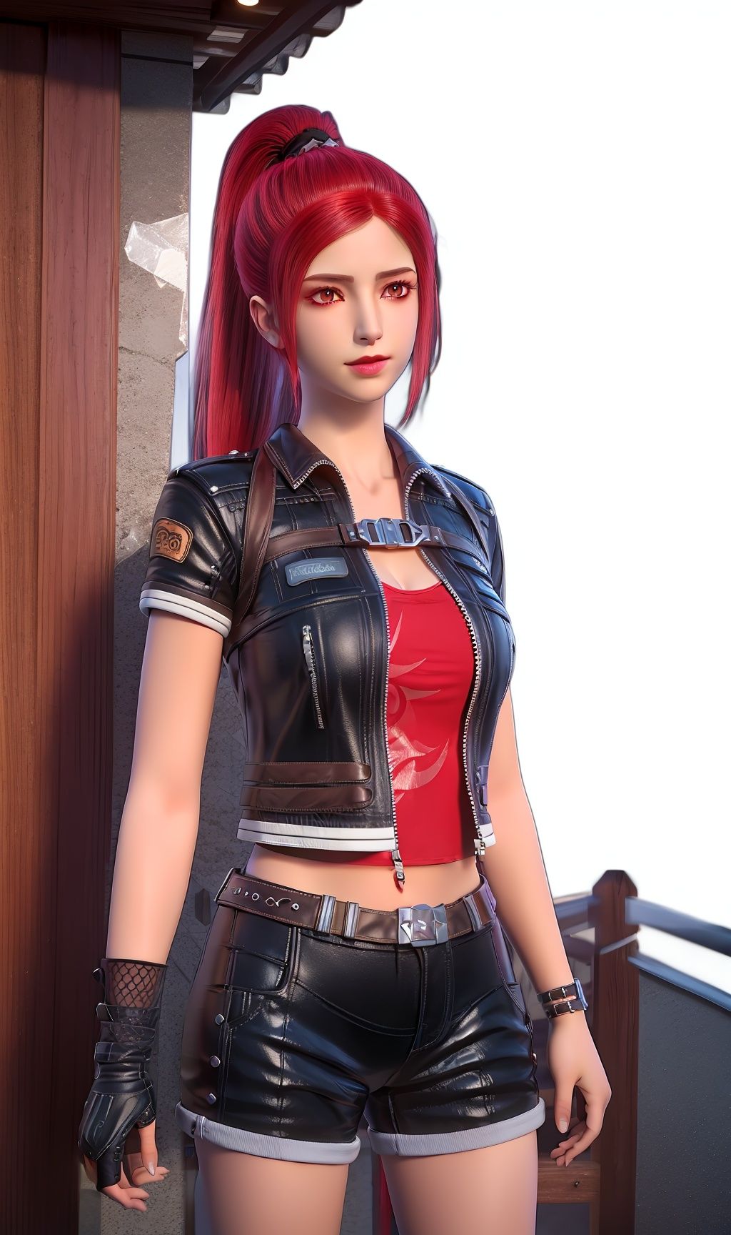 masterpiece,(best quality),official art, extremely detailed cg 8k wallpaper,((crystalstexture skin)), (extremely delicate and beautiful),highly detailed,1girl,solo,long hair,headwear,(standing),(red hair),(closed mouth),gloves,boots,fingerless_gloves,shorts,ponytail,fishnets,high_heel_boots,jacket,3d,(Outdoor, Street, Sunny),looking_at_viewer, (cleavage, medium breasts), (upper body), <lora:hipoly3DModelLora_v10:0.3> <lora:枫岫-游侠战纪-秦梨骆08:0.75>