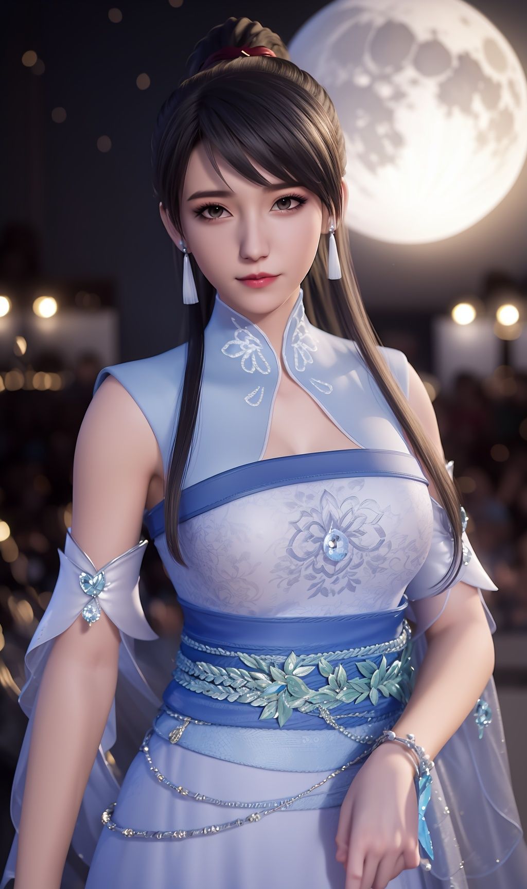 masterpiece,(best quality),(3d)official art, extremely detailed cg 8k wallpaper,((crystalstexture skin)), (extremely delicate and beautiful),highly detailed,1girl,solo,long hair,headwear,(standing),(black hair),(closed mouth),(looking at the audience:1.3),(Facing the camera:1.3),dress,(Outdoor, night,moon),((looking_at_viewer)), (medium breasts), (upper body), <lora:hipoly3DModelLora_v10:0.3> <lora:枫岫-万界独尊-林仙儿01:0.7>