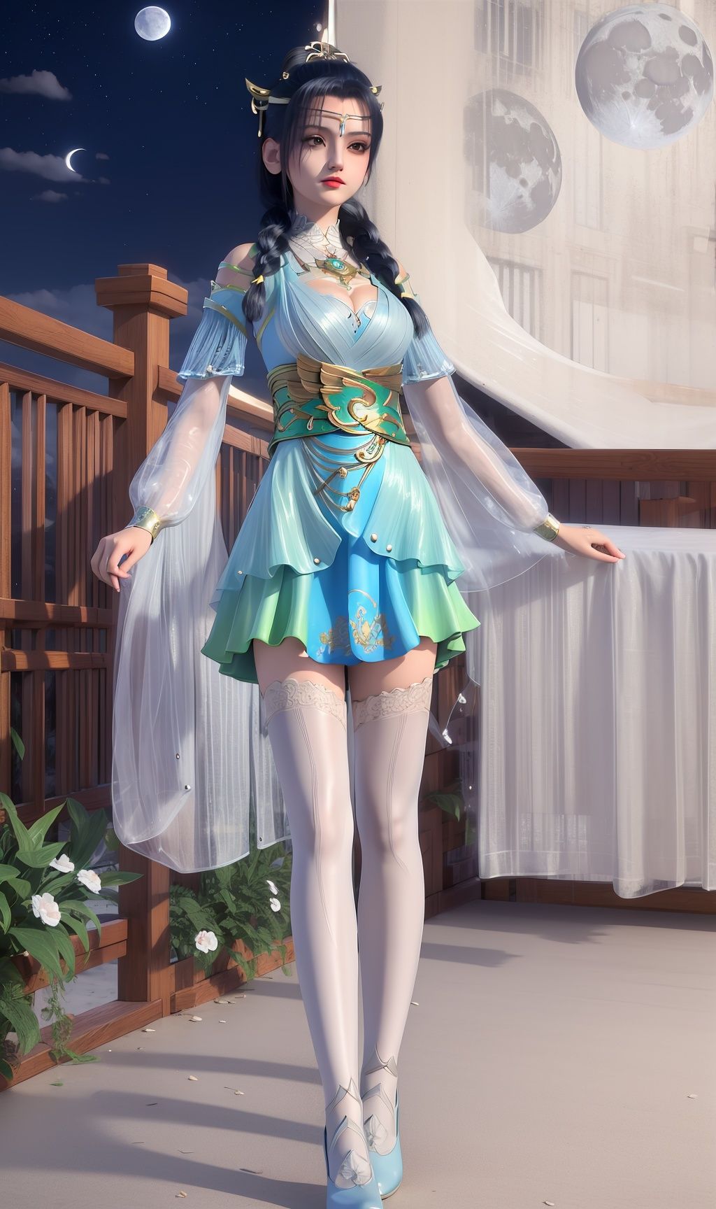 masterpiece,(best quality),(3d)official art, extremely detailed cg 8k wallpaper,((crystalstexture skin)), (extremely delicate and beautiful),highly detailed,1girl,solo,long hair,headwear,(standing),(black hair),hair_ornament,bare_shoulders,detached_sleeves,jewelry,makeup,blue dress,skirt,braid,long_sleeves,dress,thighhighs,shoes,(Outdoor, night,moon),looking_at_viewer, (cleavage, medium breasts), (full body), <lora:hipoly3DModelLora_v10:0.3>