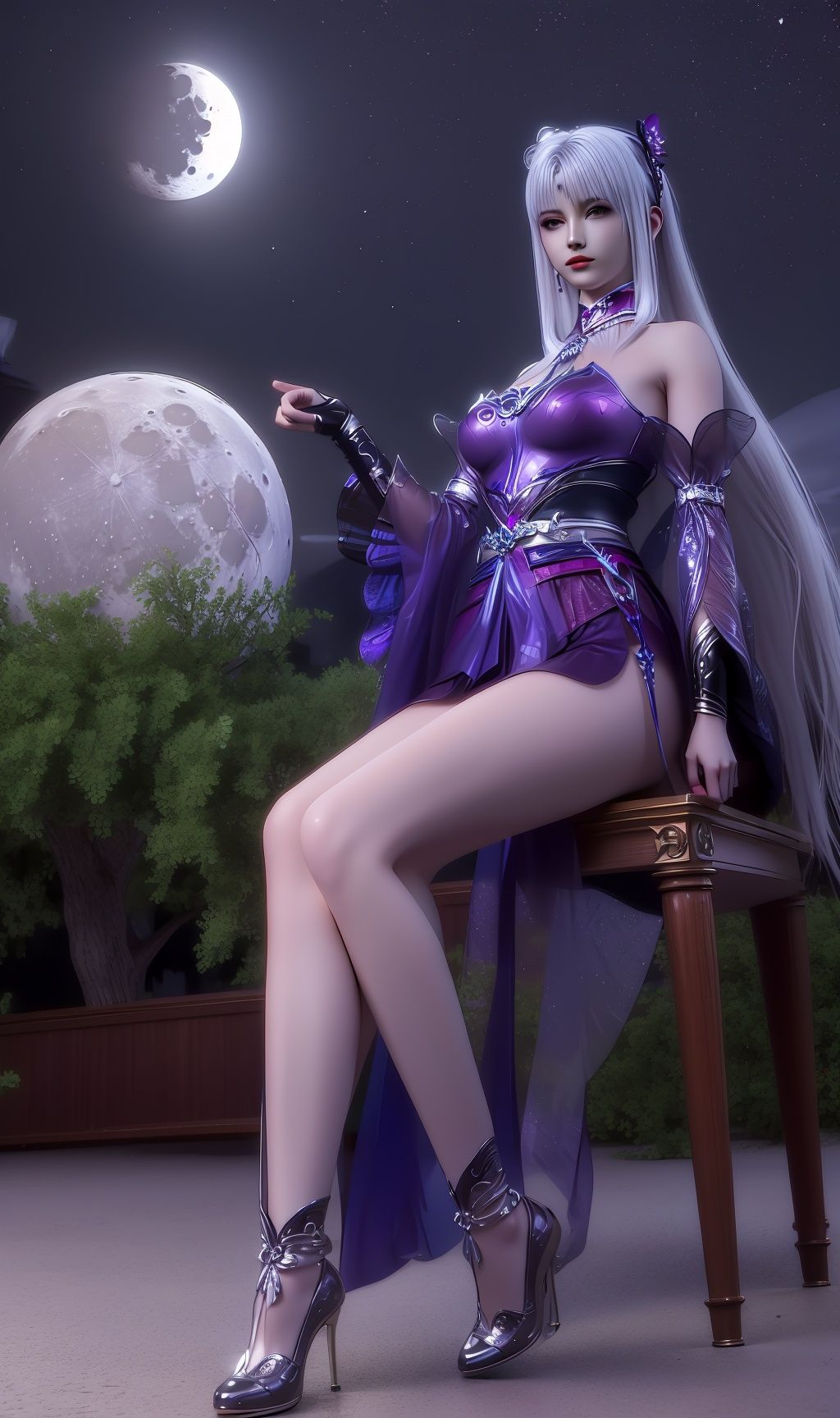 masterpiece,(best quality),(3d)official art, extremely detailed cg 8k wallpaper,((crystalstexture skin)), (extremely delicate and beautiful),highly detailed,1girl,solo,long hair,headwear,(sitting,sit down),(white hair),dress,shoes,(Outdoor, night,moon),chair,((looking_at_viewer)), (medium breasts), (full body), <lora:hipoly3DModelLora_v10:0.3> <lora:枫岫-斗破苍穹-小医仙02:0.85>