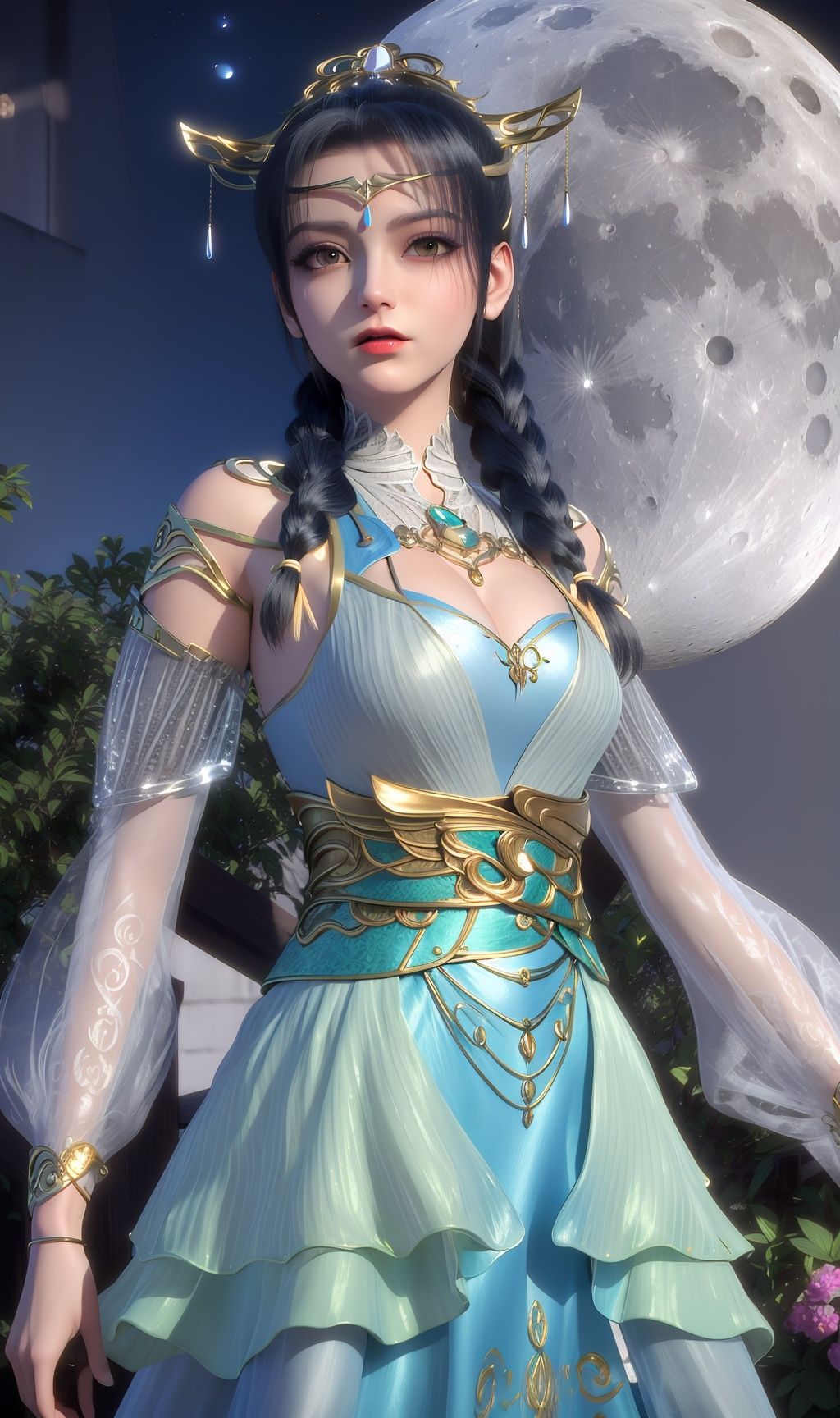 masterpiece,(best quality),(3d)official art, extremely detailed cg 8k wallpaper,((crystalstexture skin)), (extremely delicate and beautiful),highly detailed,1girl,solo,long hair,headwear,(standing),(black hair),hair_ornament,bare_shoulders,detached_sleeves,jewelry,makeup,blue dress,skirt,braid,long_sleeves,dress,(Outdoor, night,moon),looking_at_viewer, (cleavage, medium breasts), (upper body), <lora:hipoly3DModelLora_v10:0.3> <lora:枫岫-真阳武神-婵银莎（小）00:0.72>