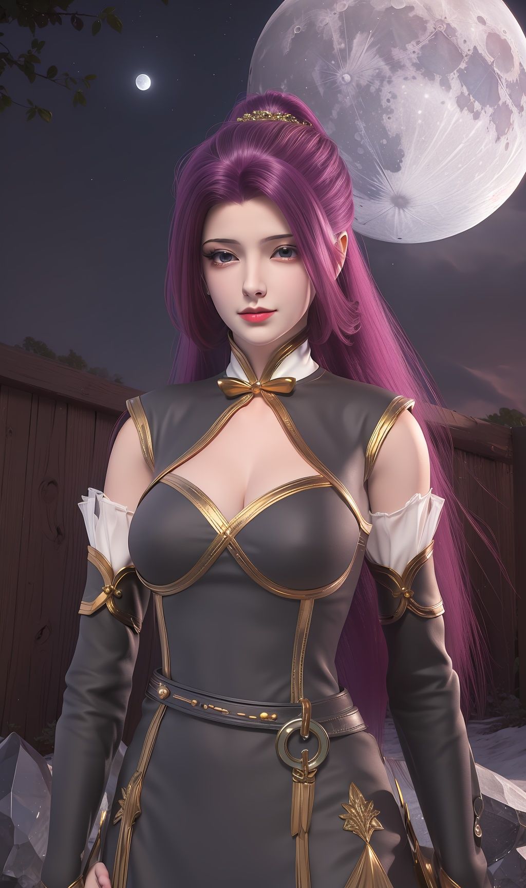masterpiece,(best quality),(3d)official art, extremely detailed cg 8k wallpaper,((crystalstexture skin)), (extremely delicate and beautiful),highly detailed,1girl,solo,long hair,headwear,(standing),(hair),dress,gloves,(Outdoor, night,moon),looking_at_viewer, (cleavage, medium breasts), (upper body), <lora:hipoly3DModelLora_v10:0.3> <lora:枫岫-我捡起了一地属性-灵解语00:0.72>